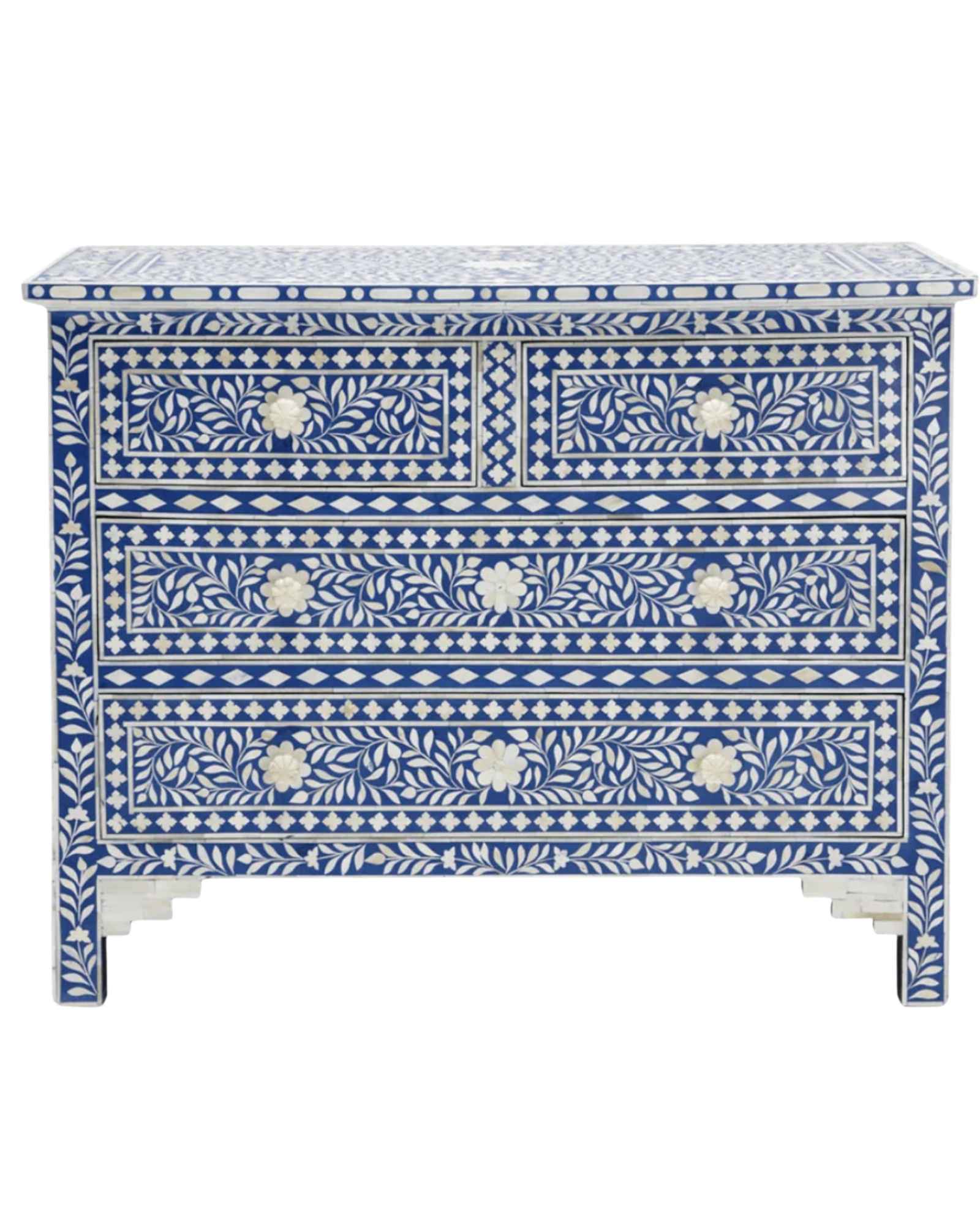 Featuring a Blue Bone Inlay Chest of Drawer in floral pattern, the Jade collection enhances your space with intricately handcrafted designs that elevate your home and living aesthetics. 