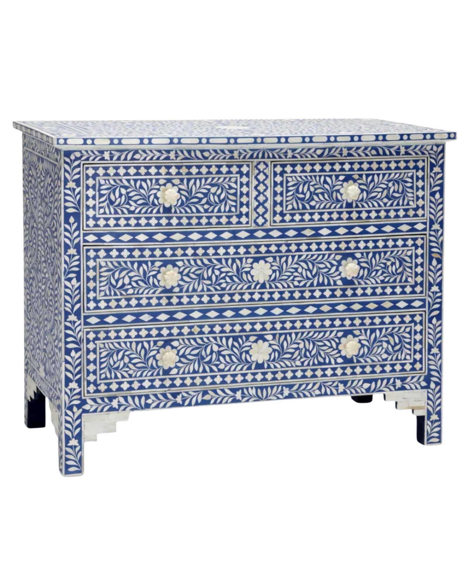 Featuring a Blue Bone Inlay Chest of Drawer in floral pattern, the Jade collection enhances your space with intricately handcrafted designs that elevate your home and living aesthetics. 