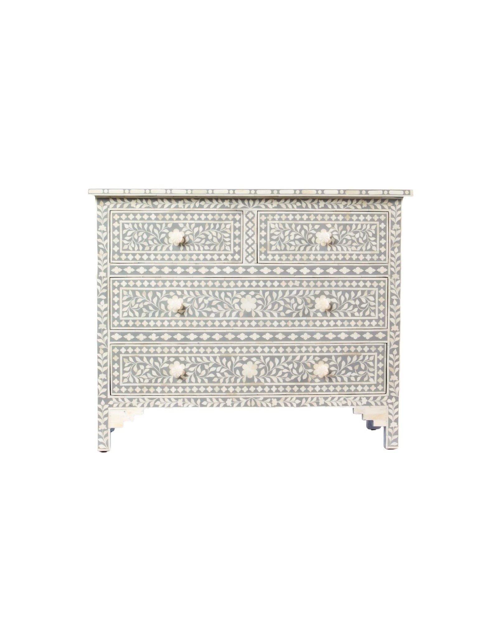 Featuring a Grey Bone Inlay Chest of Drawer in floral pattern, the Jade collection enhances your space with intricately handcrafted designs that elevate your home and living aesthetics. 