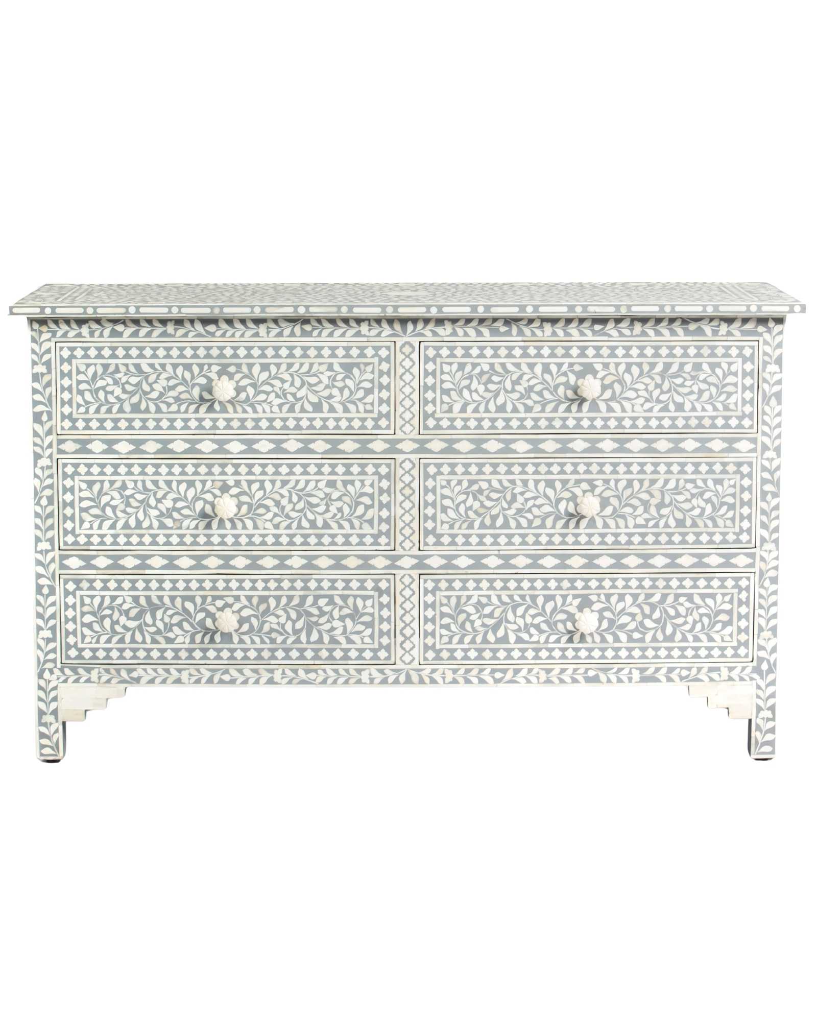 Bone inlay chest of drawers featuring intricate floral pattern in grey and white, handcrafted furniture piece.