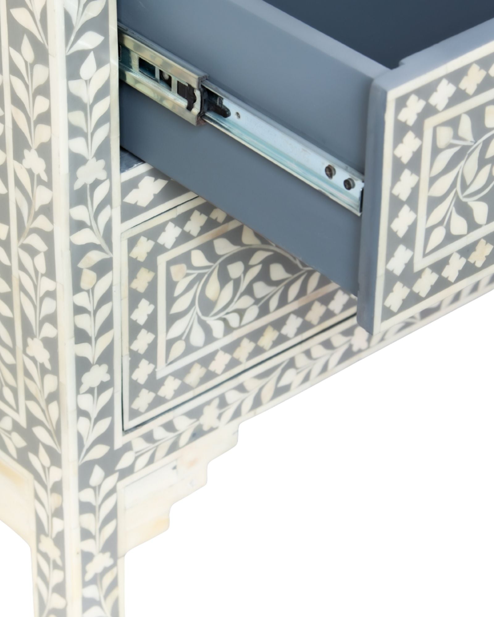 Featuring a Grey Bone Inlay Chest of Drawer in floral pattern, the Jade collection enhances your space with intricately handcrafted designs that elevate your home and living aesthetics. 