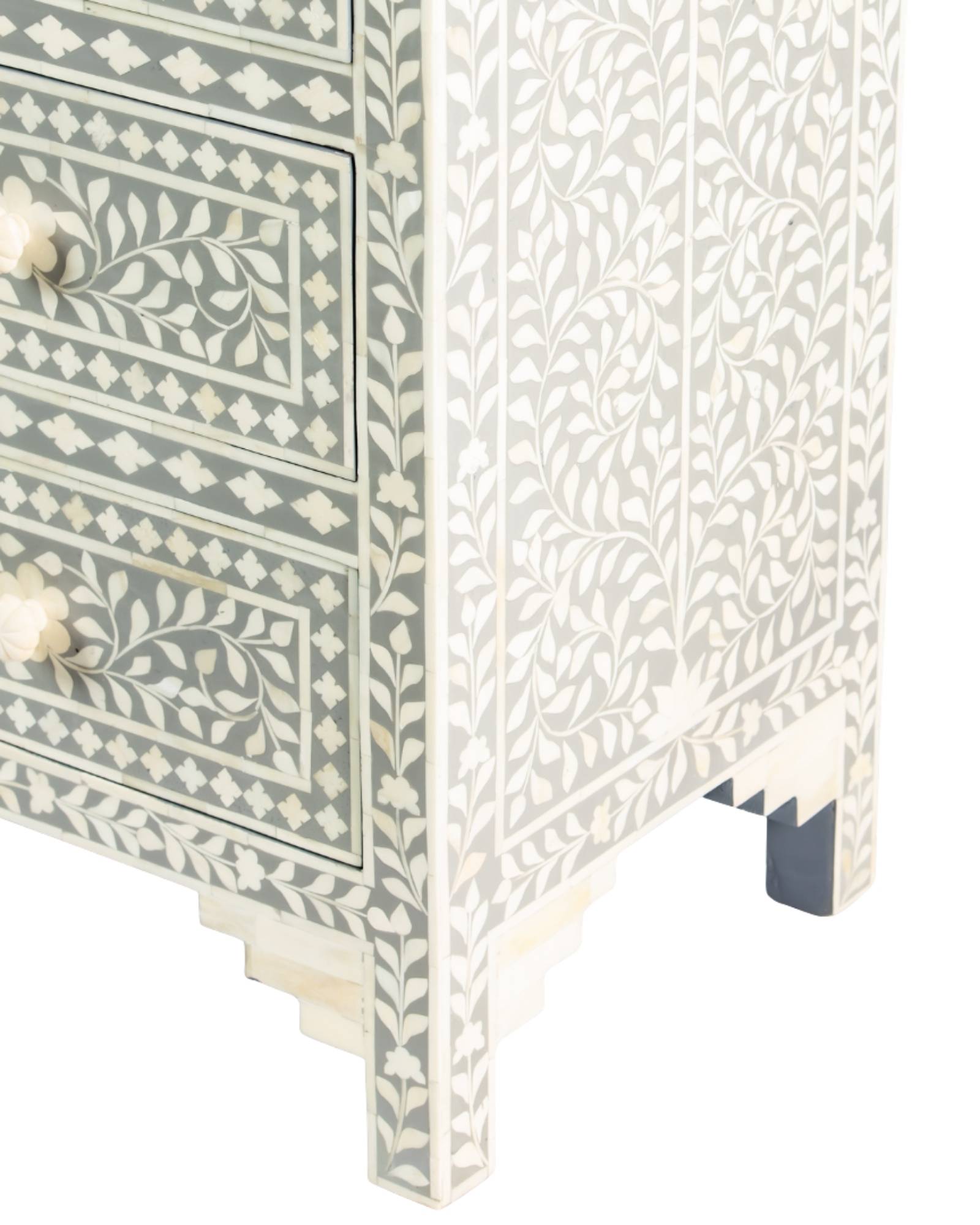 Featuring a Grey Bone Inlay Chest of Drawer in floral pattern, the Jade collection enhances your space with intricately handcrafted designs that elevate your home and living aesthetics. 