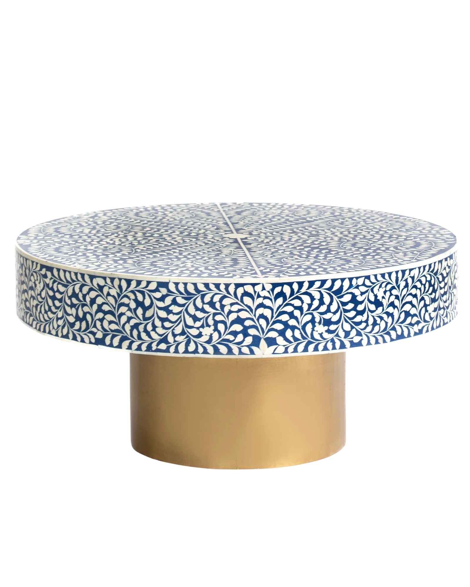 Bone inlay coffee table featuring intricate floral vine pattern in blue and white, handcrafted furniture piece.