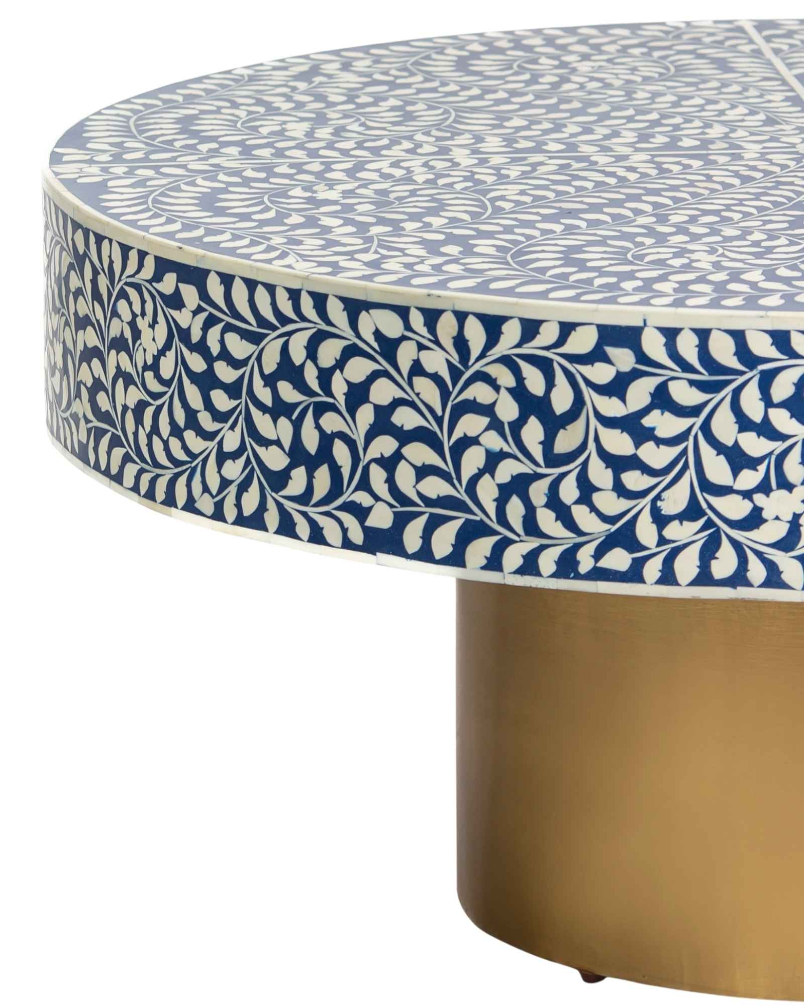 Bone inlay coffee table featuring intricate floral vine pattern in blue and white, handcrafted furniture piece.