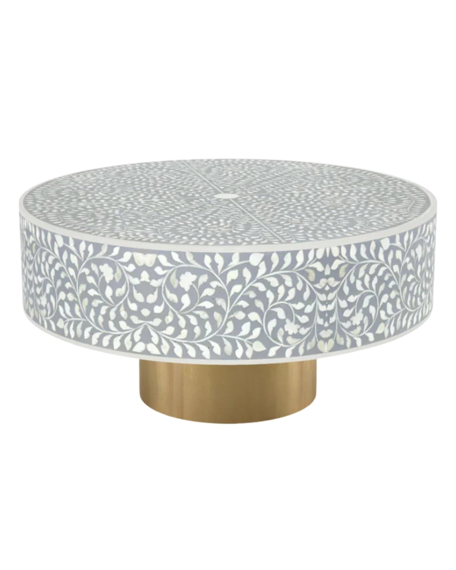 Round grey bone inlay coffee table with floral design and a gold base. Perfect for modern or elegant living room decor.