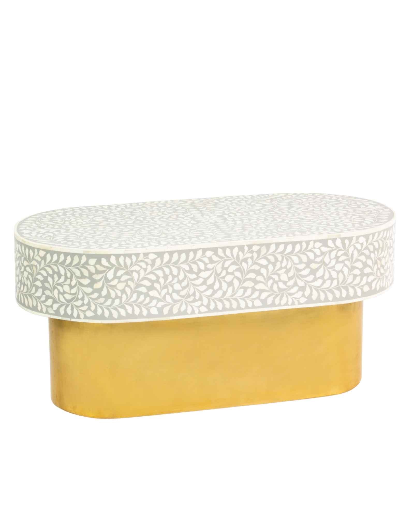 Elegant grey bone inlay coffee table with a gold base. Compact, handcrafted and eye-catching – a timeless addition to your space.