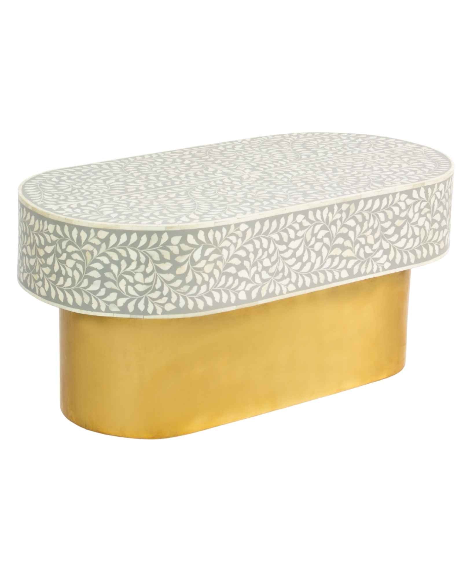 Elegant grey bone inlay coffee table with a gold base. Compact, handcrafted and eye-catching – a timeless addition to your space.