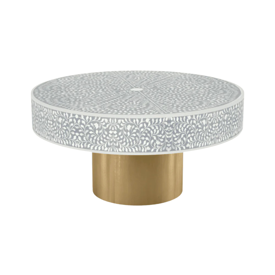 Round grey bone inlay coffee table featuring an intricate floral pattern