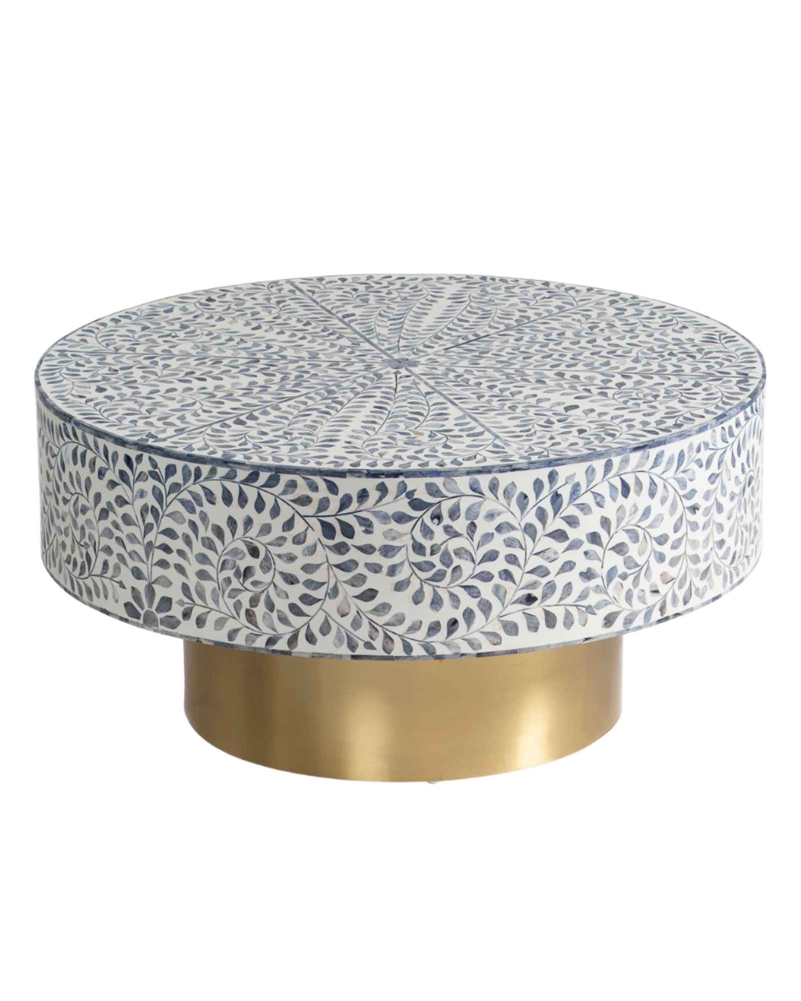 Handcrafted Jade coffee table featuring intricate blue bone inlay detailing with a round silhouette and brushed brass base.