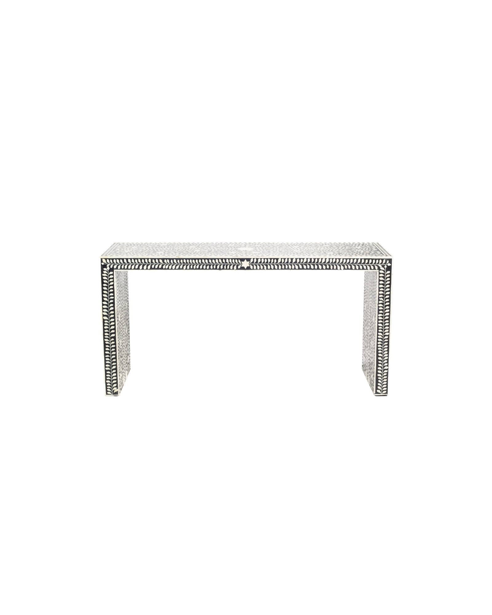 Black bone inlay console table with floral and vine motifs, handcrafted by artisans and finished with intricate detailing across the surface.