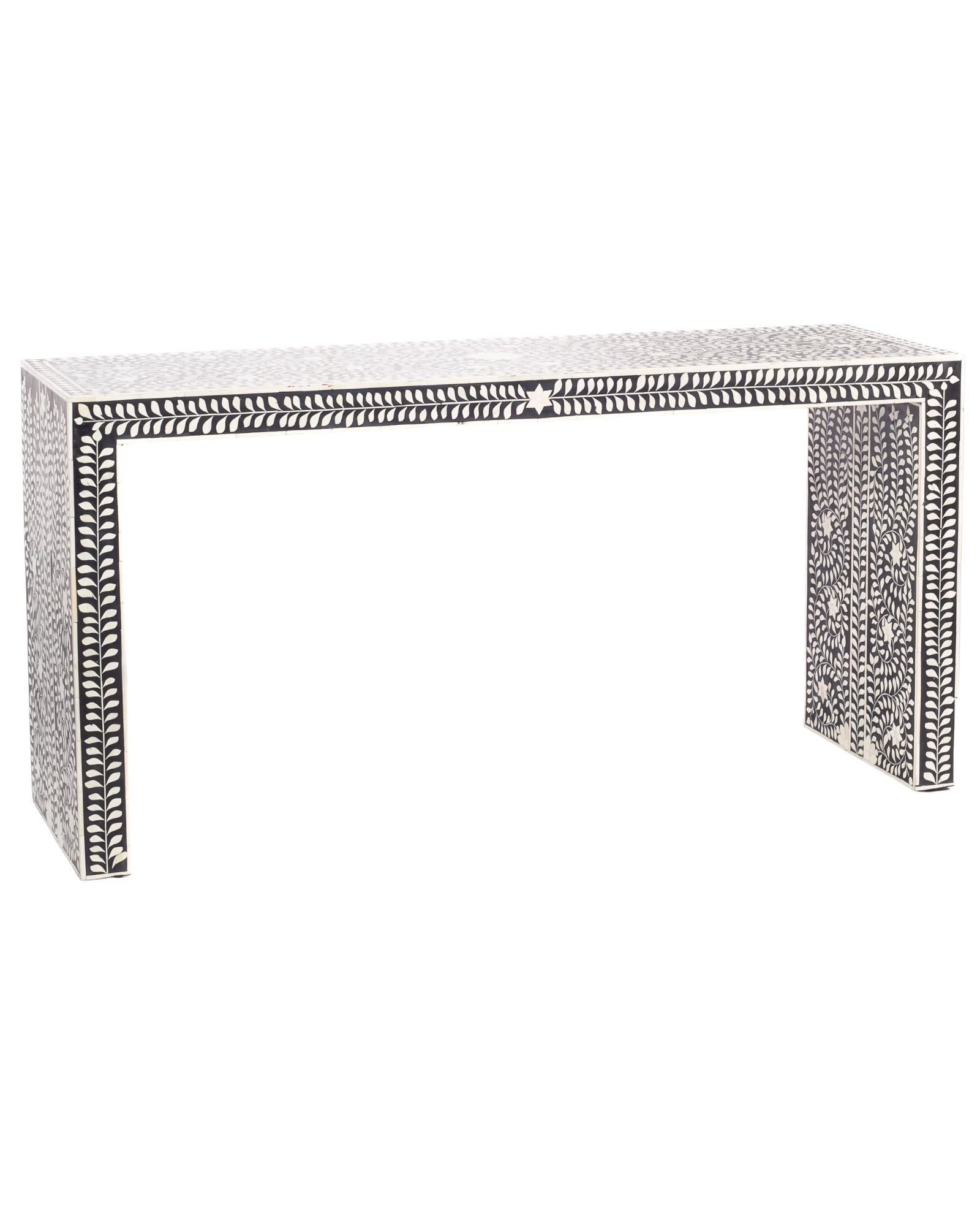 Black bone inlay console table with floral and vine motifs, handcrafted by artisans and finished with intricate detailing across the surface.