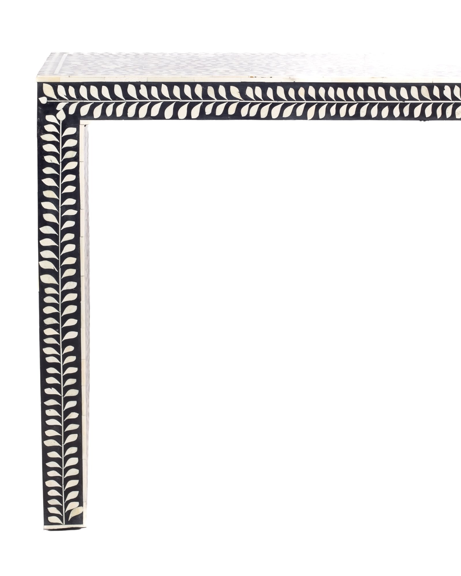 Black bone inlay console table with floral and vine motifs, handcrafted by artisans and finished with intricate detailing across the surface.