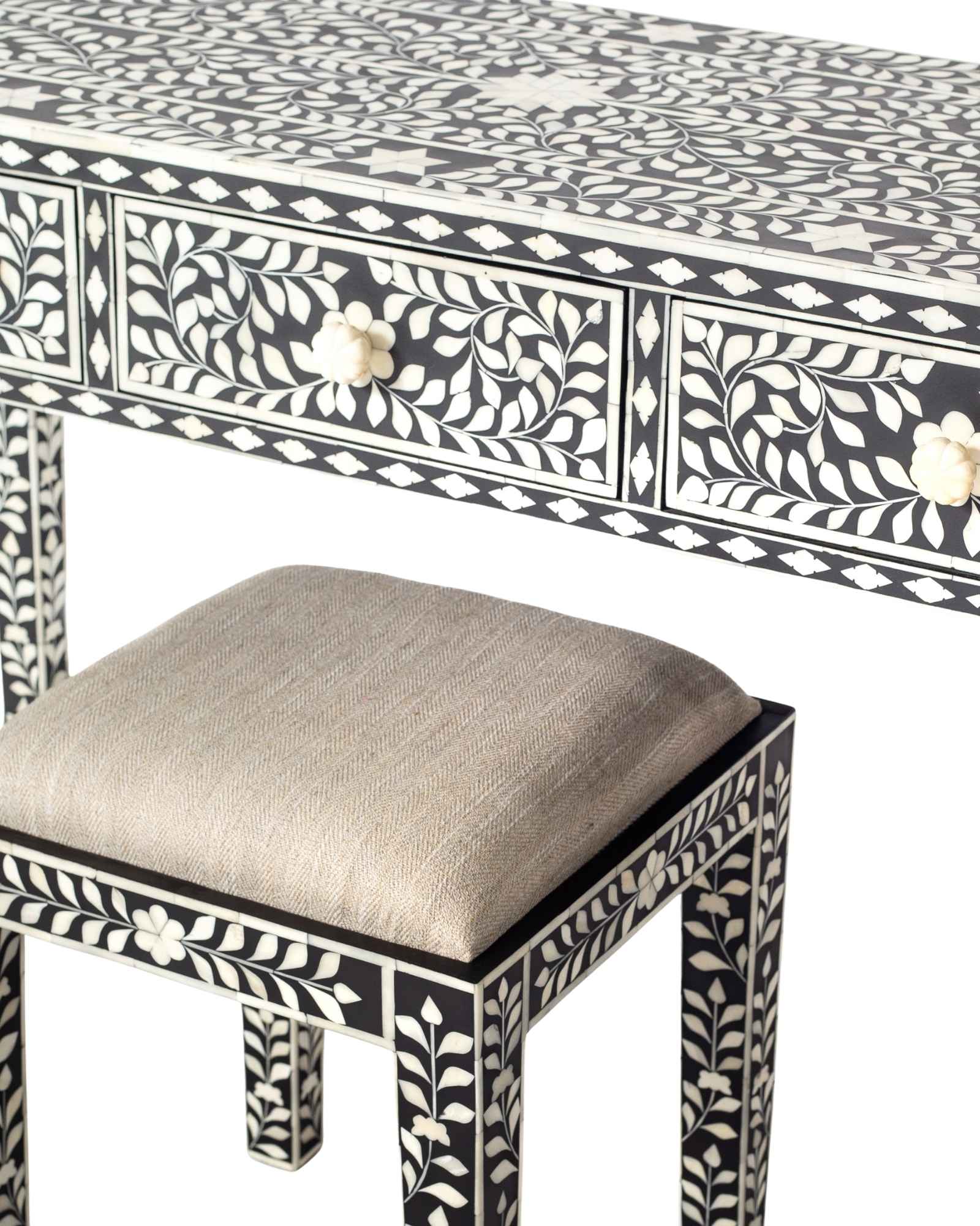 Handcrafted black bone inlay console table on mango wood, artisan-made heirloom by Tabeer Homes furniture.