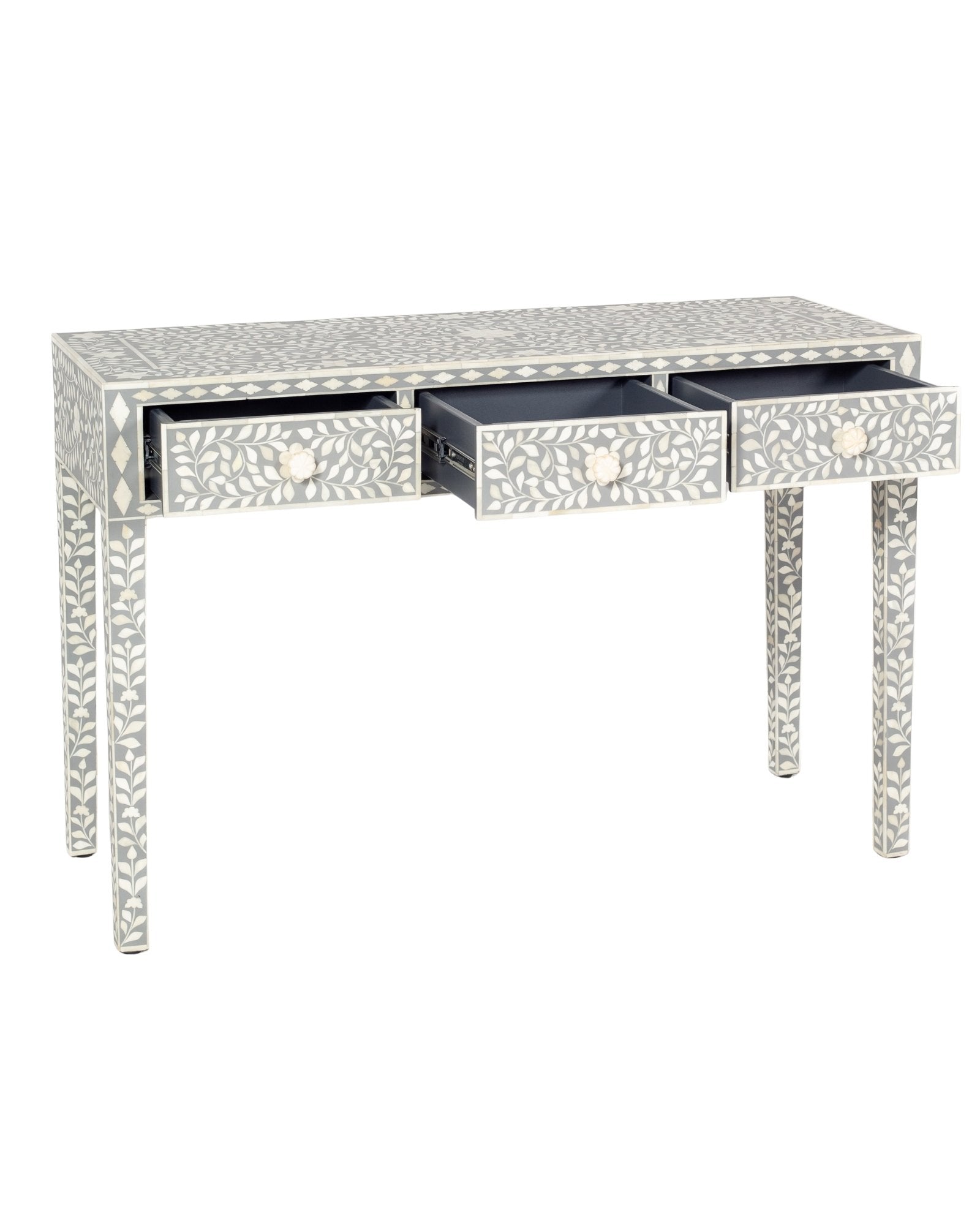 Handcrafted light grey and white bone inlay console table on mango wood, artisan-made heirloom by Tabeer Homes furniture.