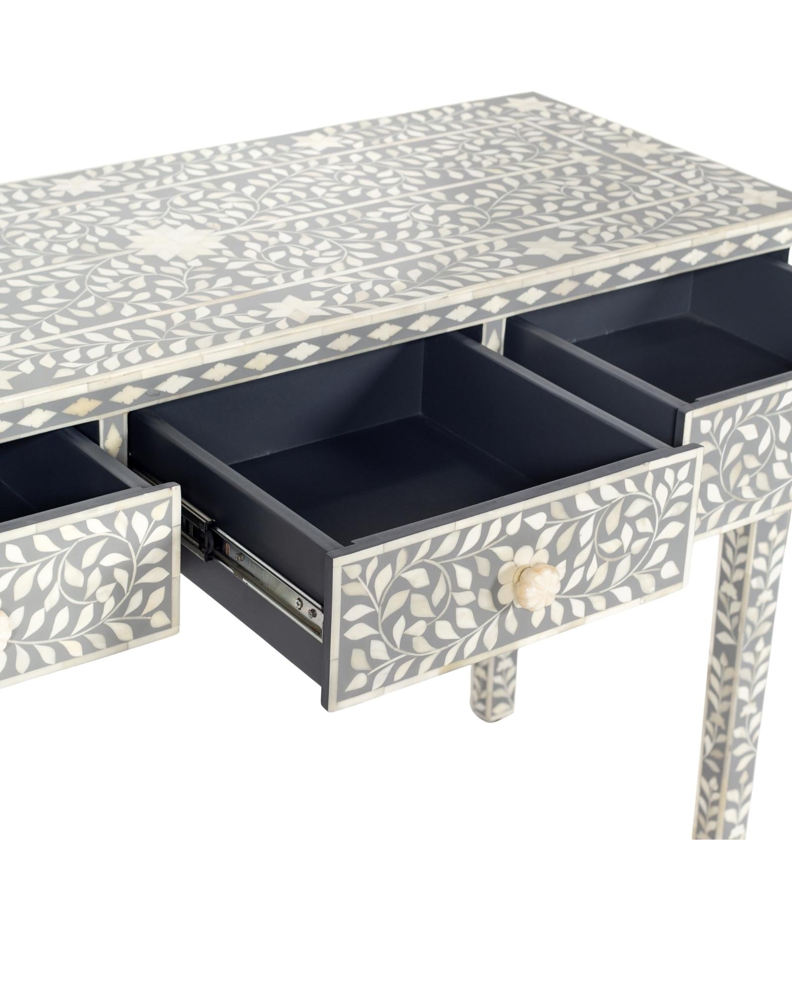 Handcrafted light grey and white bone inlay console table on mango wood, artisan-made heirloom by Tabeer Homes furniture.