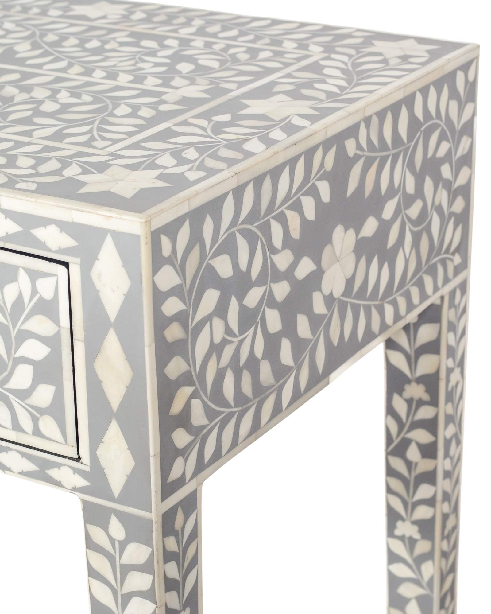 Handcrafted light grey and white bone inlay console table on mango wood, artisan-made heirloom by Tabeer Homes furniture.
