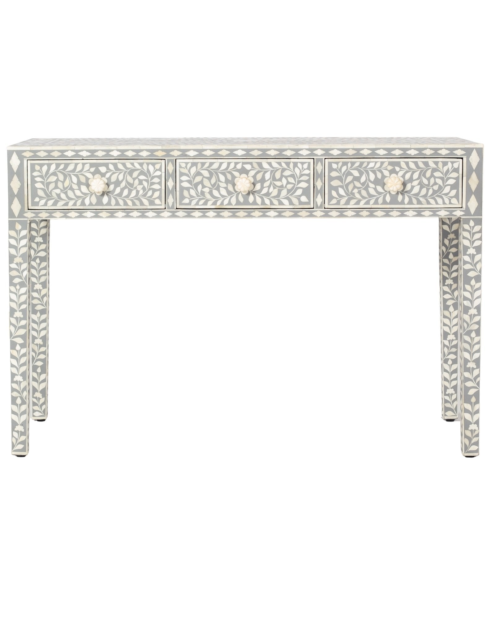 Handcrafted light grey and white bone inlay console table on mango wood, artisan-made heirloom by Tabeer Homes furniture.