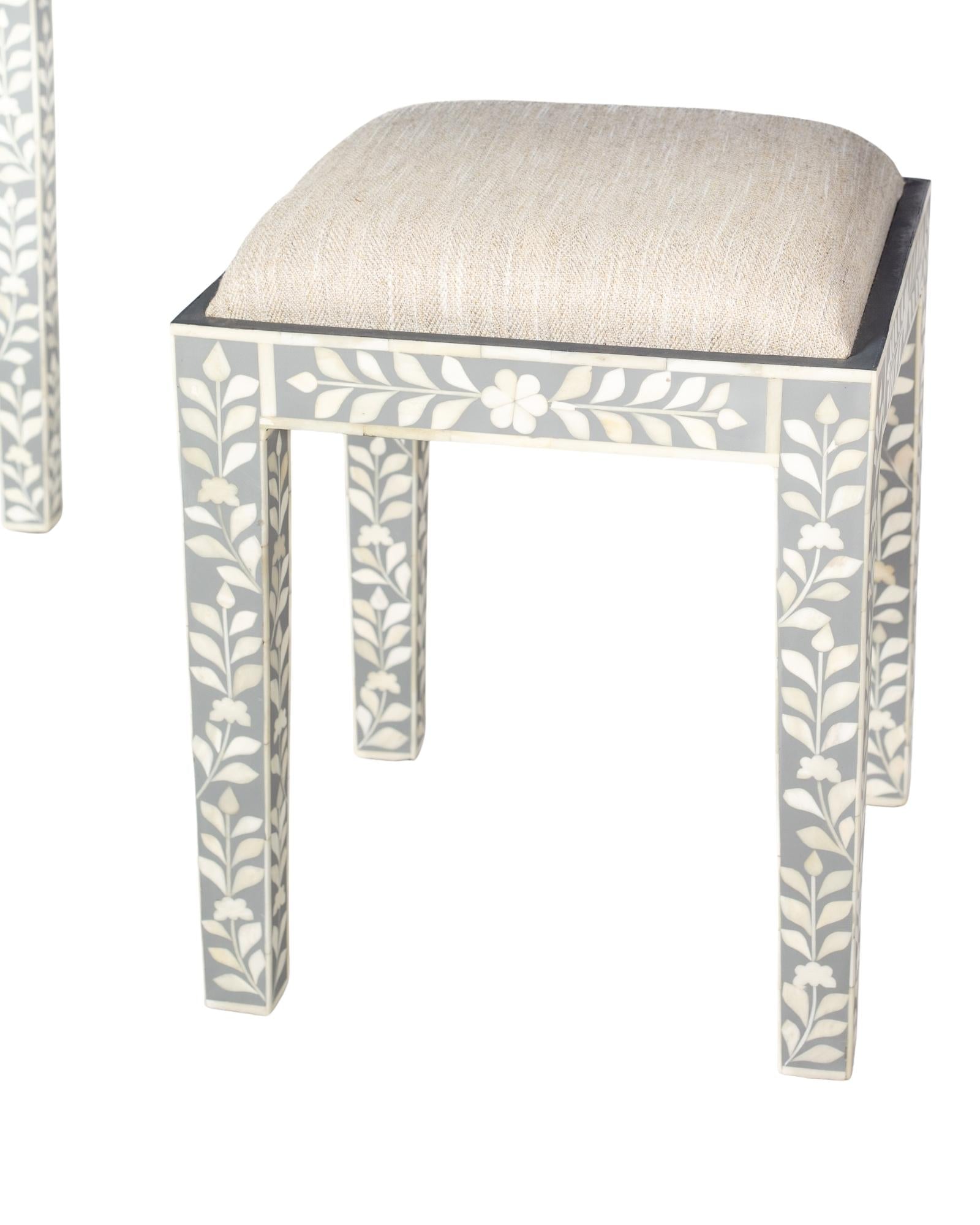 Handcrafted light grey and white bone inlay console table on mango wood, artisan-made heirloom by Tabeer Homes furniture.