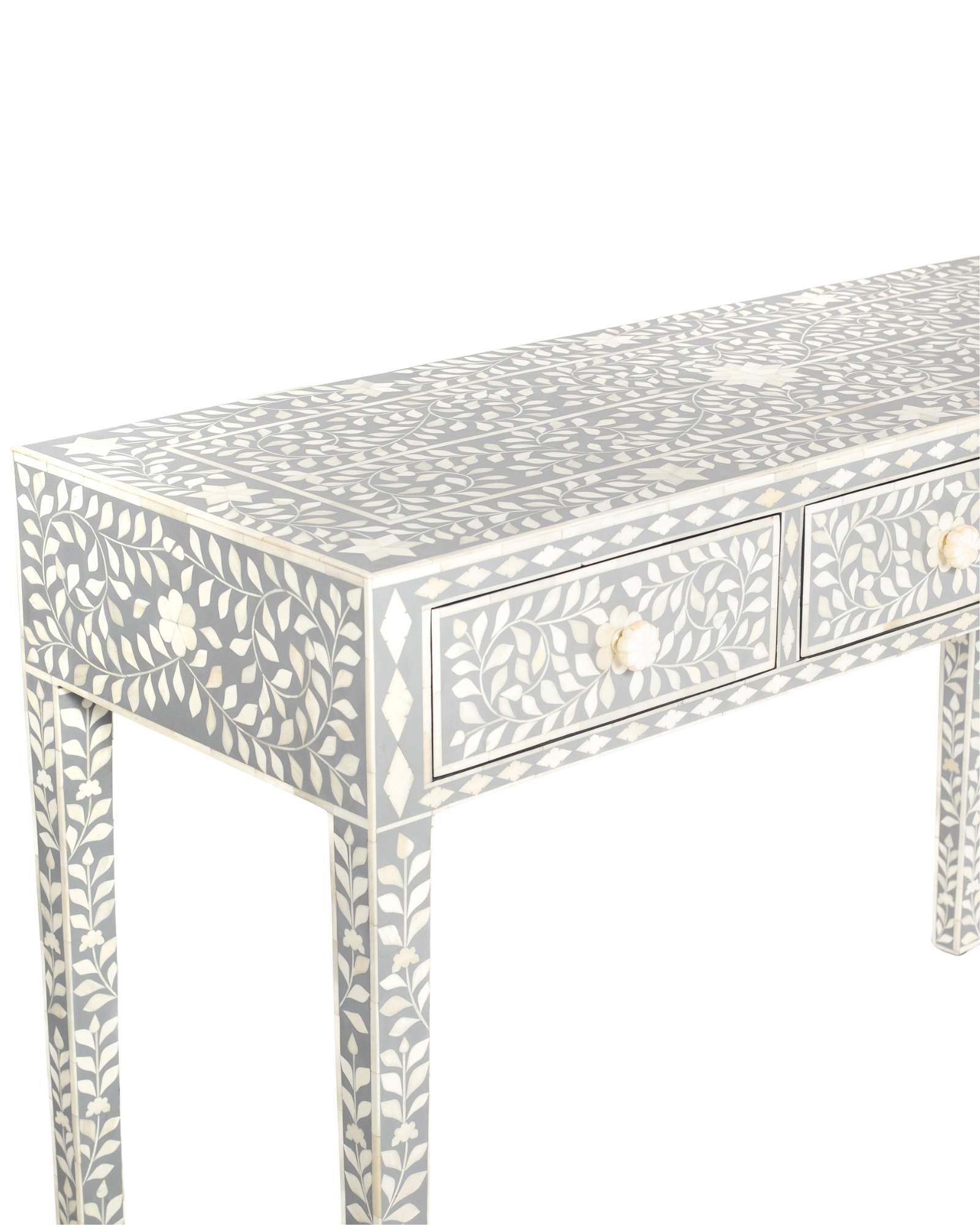 Handcrafted light grey and white bone inlay console table on mango wood, artisan-made heirloom by Tabeer Homes furniture.