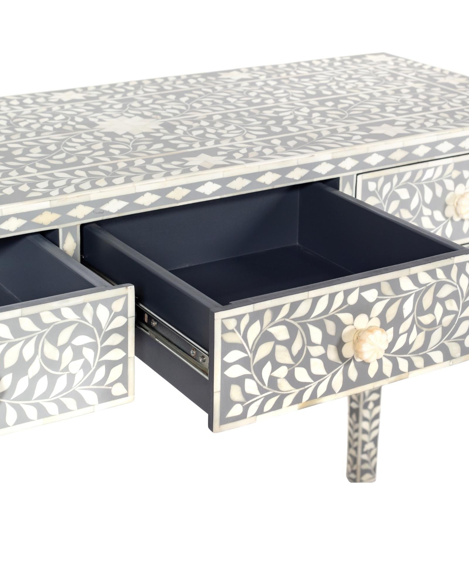 Handcrafted light grey and white bone inlay console table on mango wood, artisan-made heirloom by Tabeer Homes furniture.