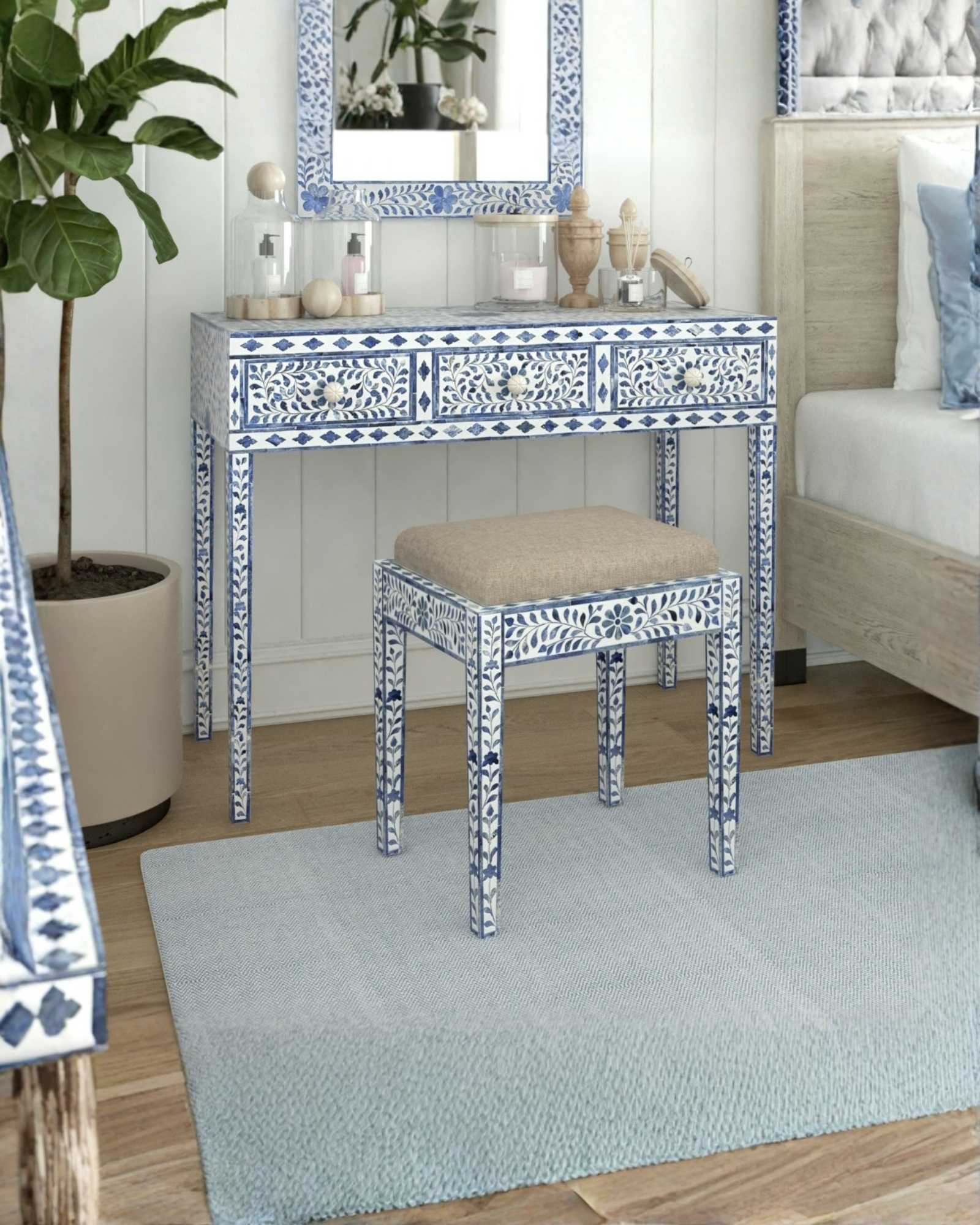 Jade Dresser Console & Stool - Blue Bone Inlay - Tabeer Homes