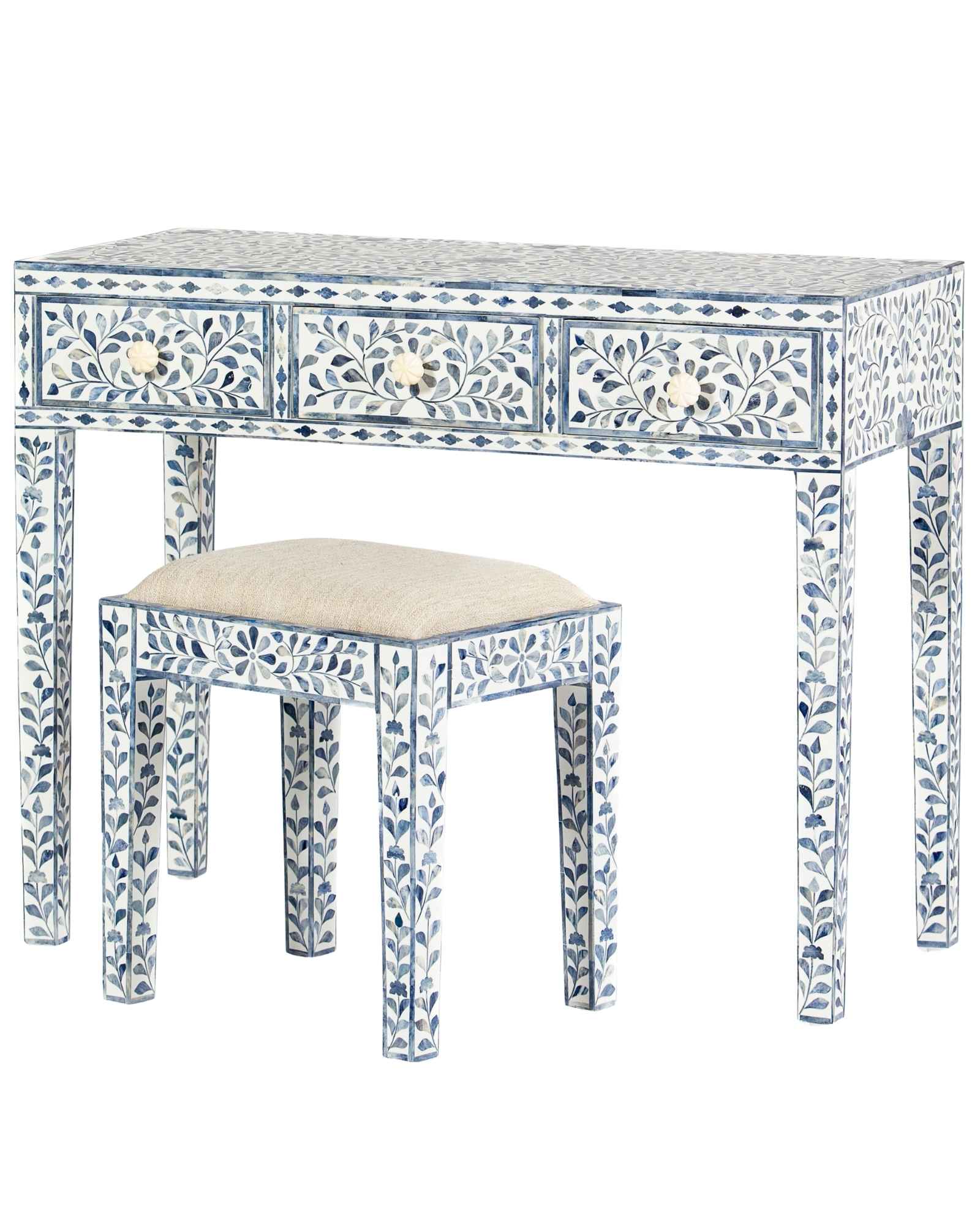 Jade Dresser Console & Stool - Blue Bone Inlay - Tabeer Homes