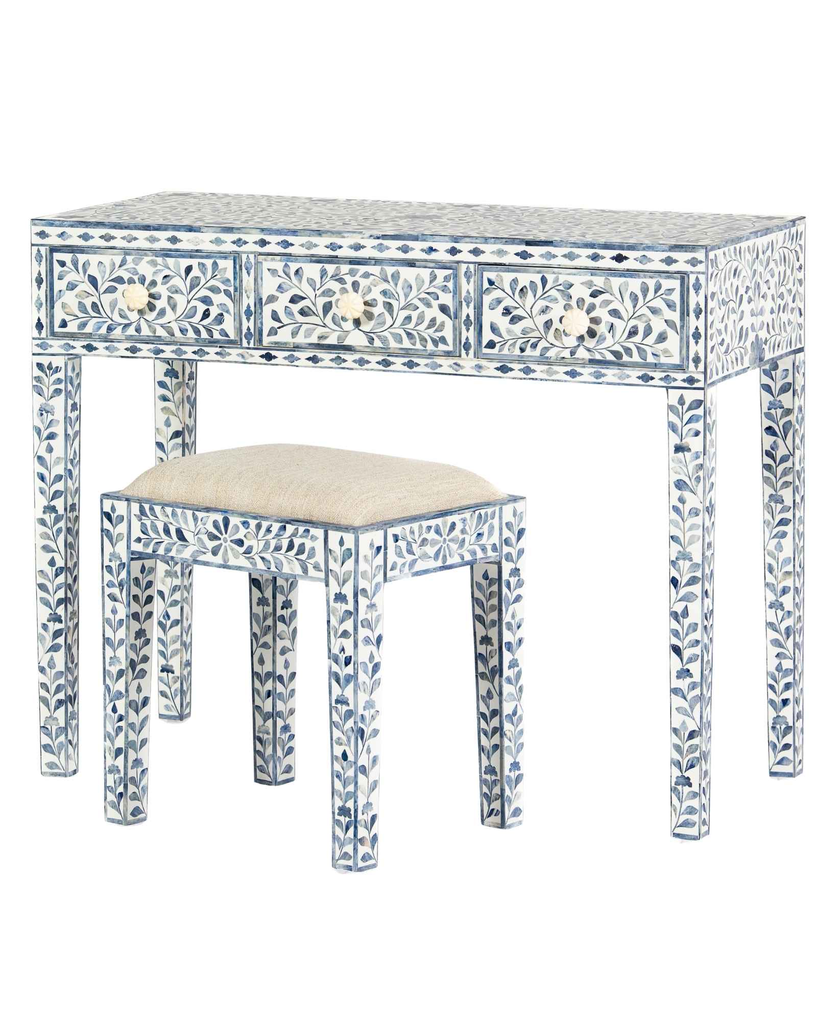 Jade Dresser Console & Stool - Blue Bone Inlay - Tabeer Homes