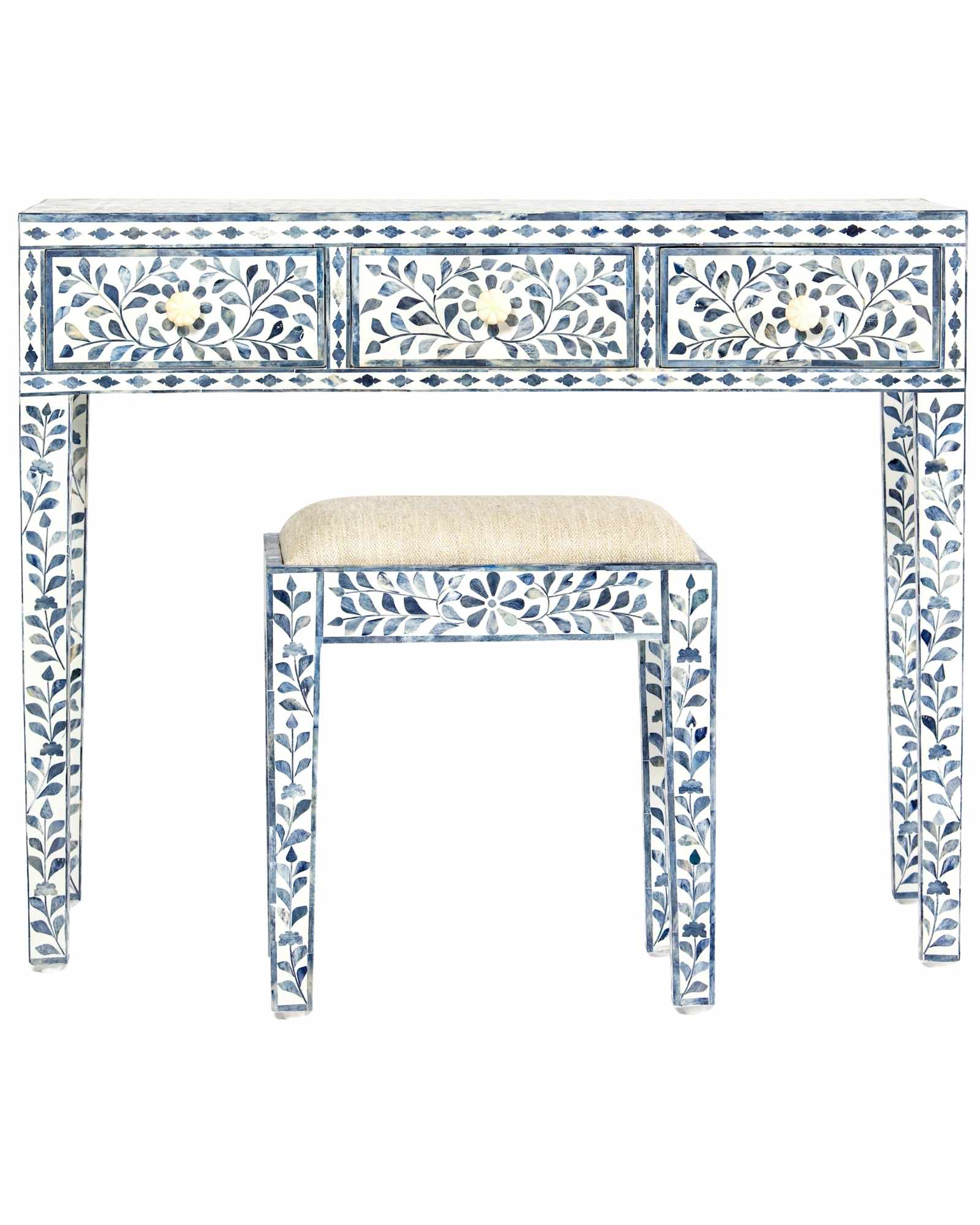Jade Dresser Console & Stool - Blue Bone Inlay - Tabeer Homes
