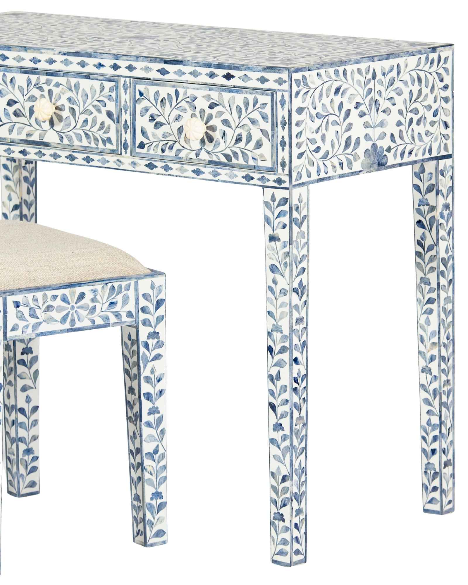 Jade Dresser Console & Stool - Blue Bone Inlay - Tabeer Homes
