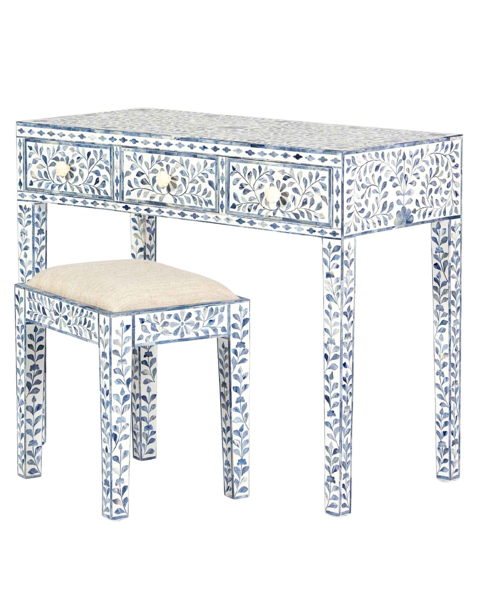 Jade Dresser Console & Stool - Blue Bone Inlay - Tabeer Homes