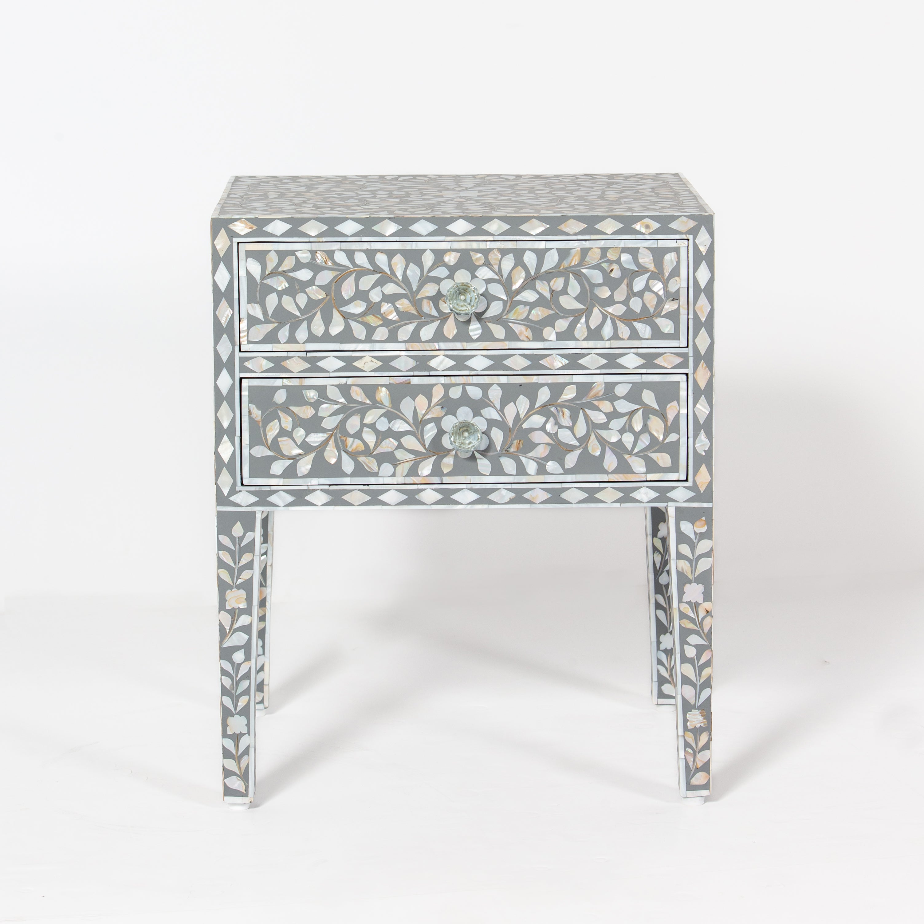 Handcrafted grey Mother of Pearl inlay side drawer by Tabeer Homes, made from mango wood with floral detailing and artisan craftsmanship.