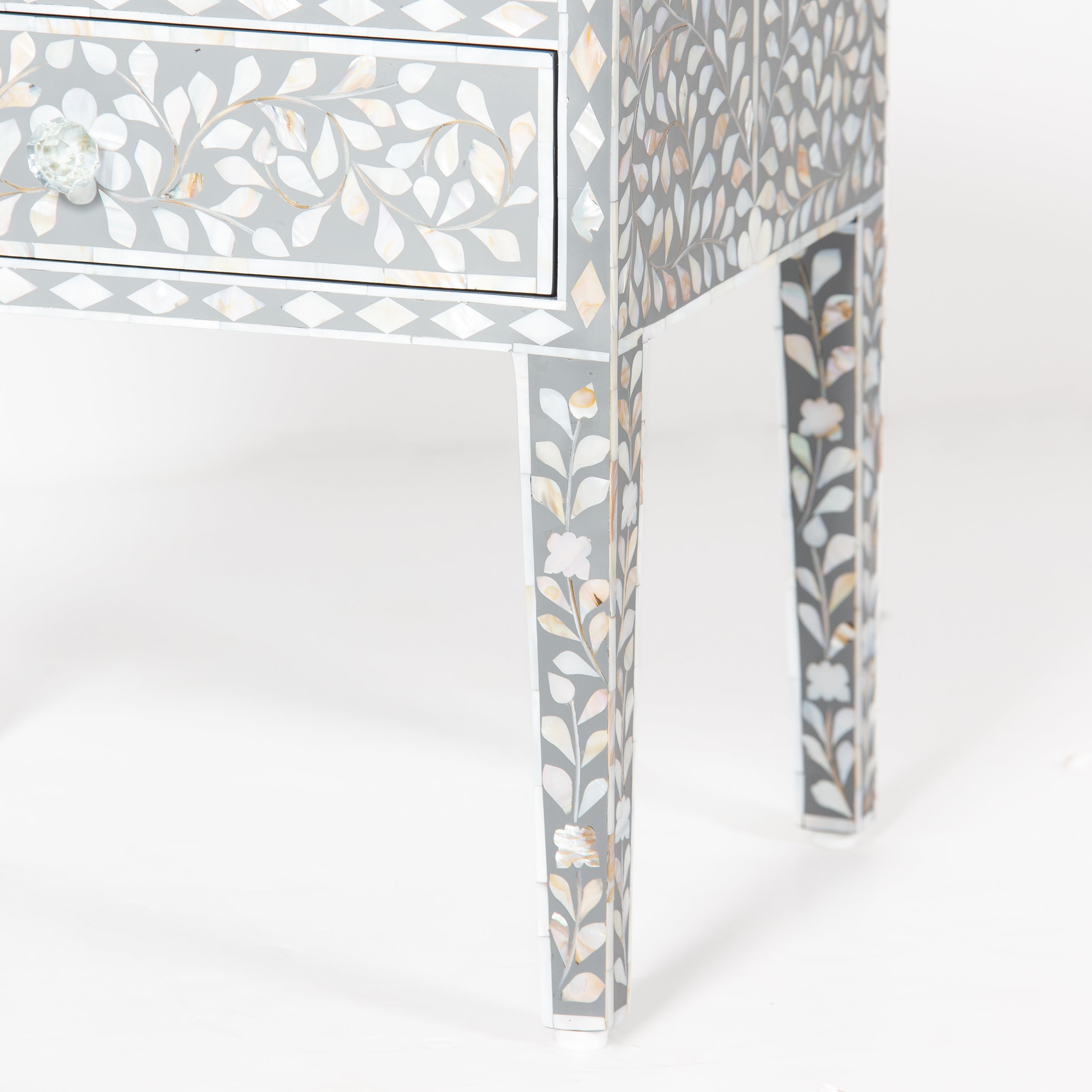 Handcrafted grey Mother of Pearl inlay side drawer by Tabeer Homes, made from mango wood with floral detailing and artisan craftsmanship.