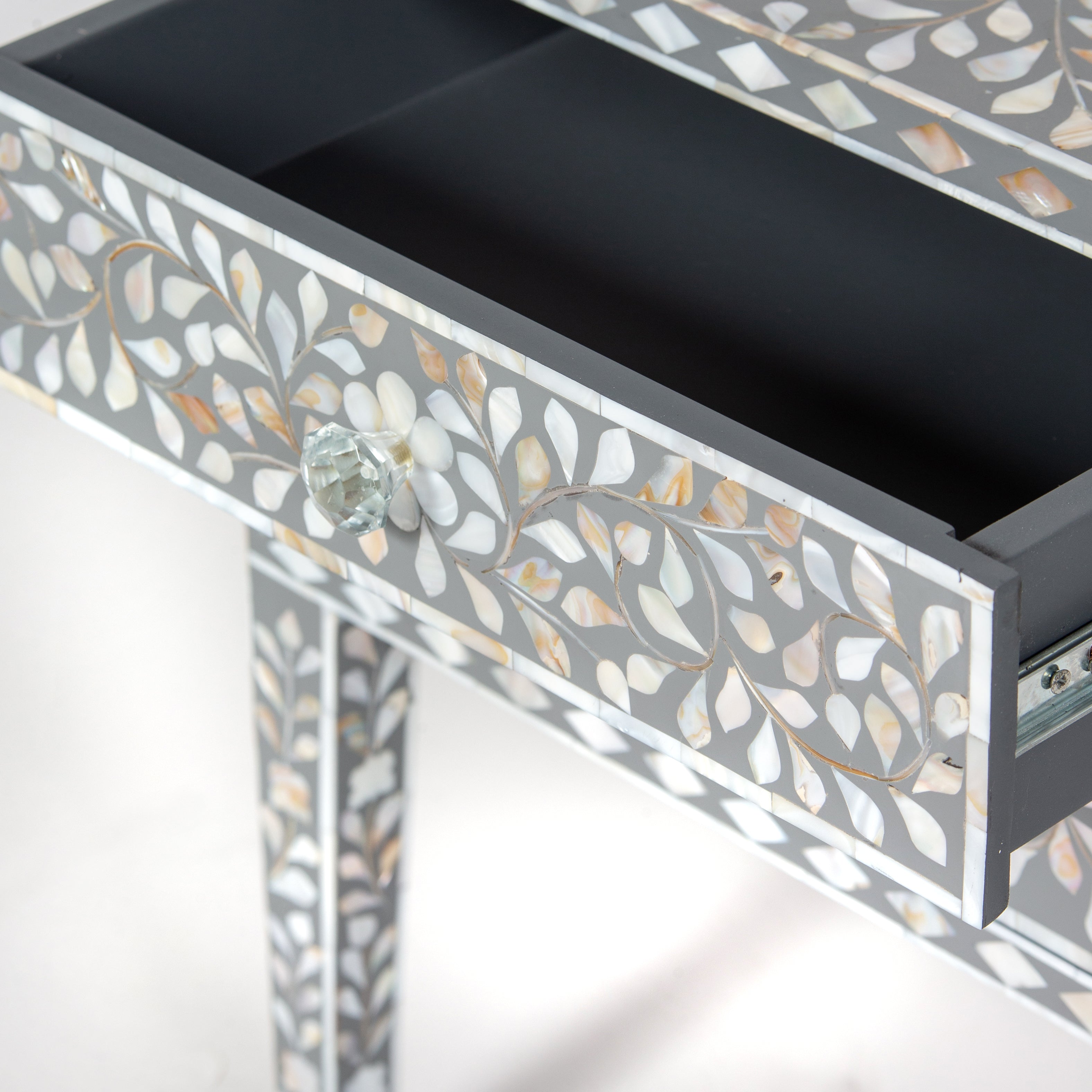 Handcrafted grey Mother of Pearl inlay side drawer by Tabeer Homes, made from mango wood with floral detailing and artisan craftsmanship.