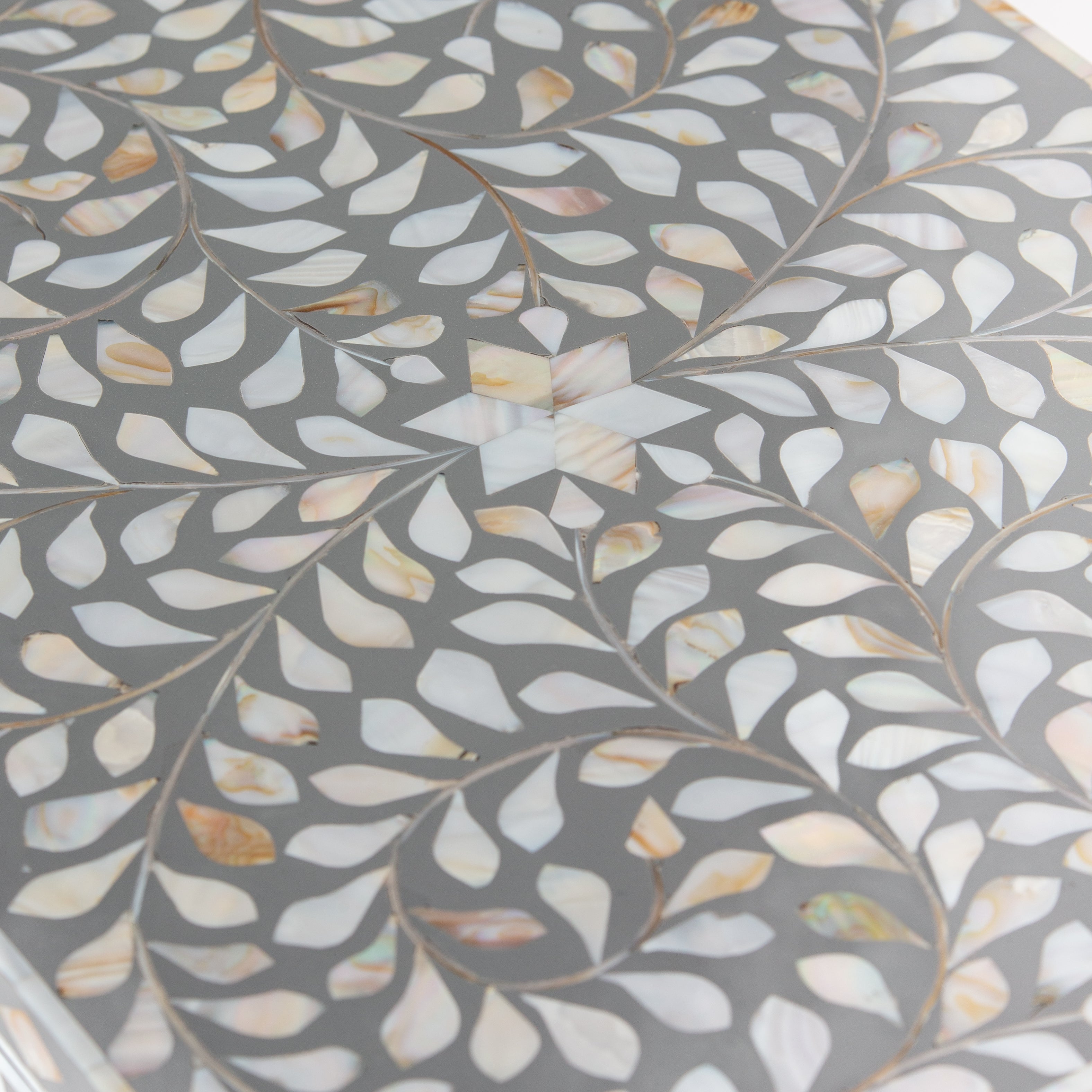 Handcrafted grey Mother of Pearl inlay side drawer by Tabeer Homes, made from mango wood with floral detailing and artisan craftsmanship.