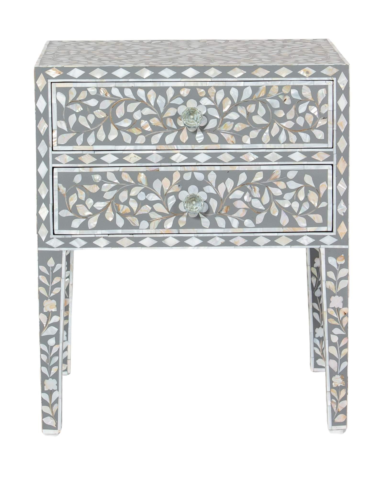 Handcrafted grey Mother of Pearl inlay side drawer by Tabeer Homes, made from mango wood with floral detailing and artisan craftsmanship.