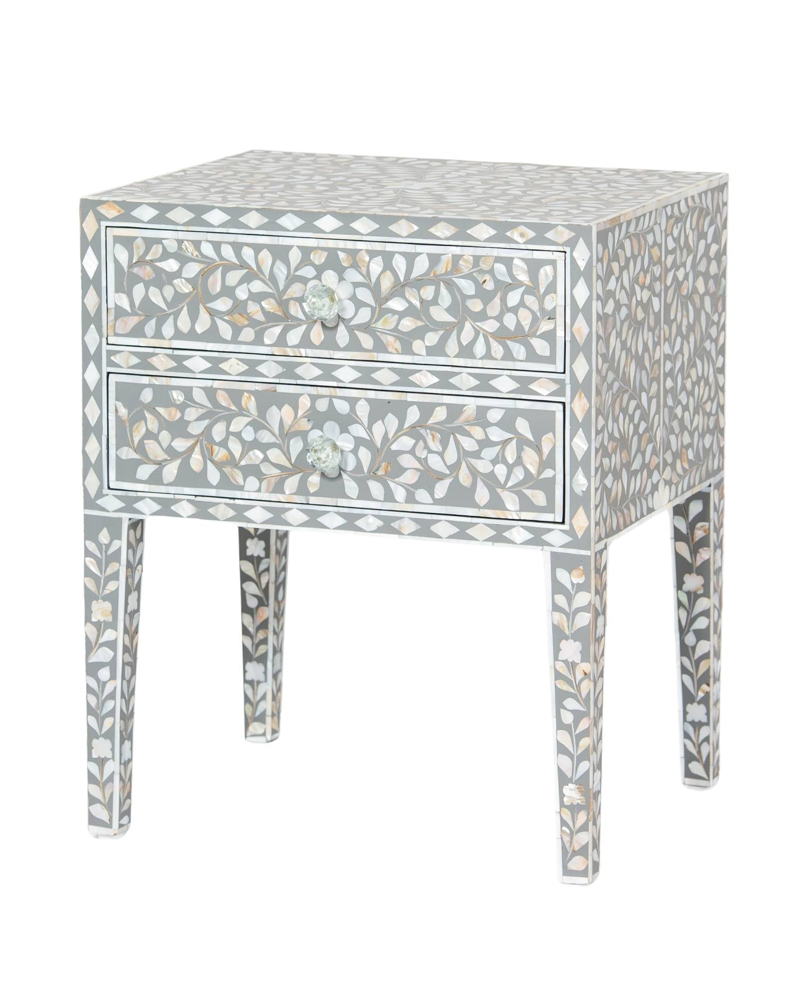 Handcrafted grey Mother of Pearl inlay side drawer by Tabeer Homes, made from mango wood with floral detailing and artisan craftsmanship.