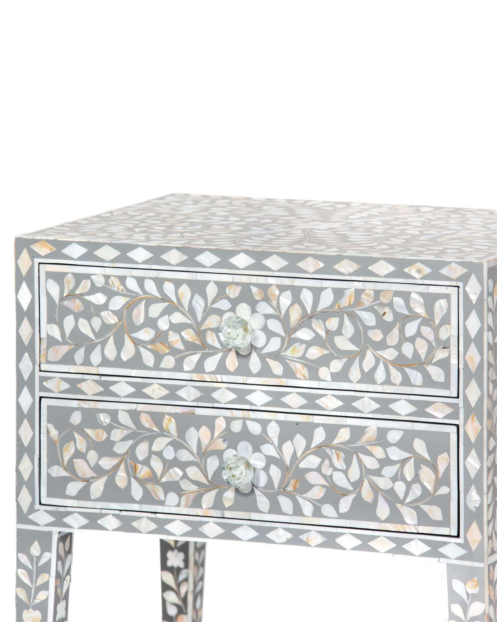 Handcrafted grey Mother of Pearl inlay side drawer by Tabeer Homes, made from mango wood with floral detailing and artisan craftsmanship.