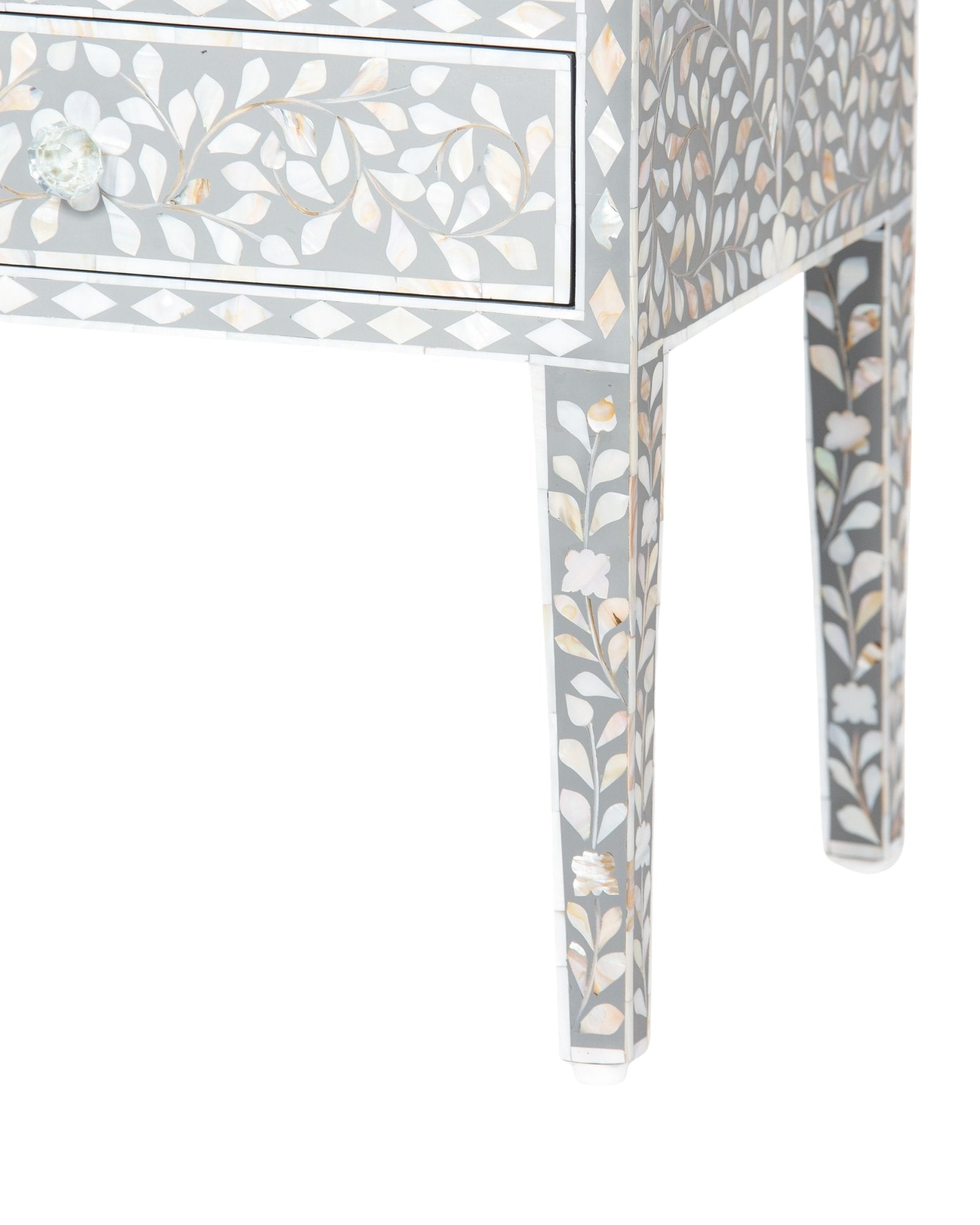 Handcrafted grey Mother of Pearl inlay side drawer by Tabeer Homes, made from mango wood with floral detailing and artisan craftsmanship.