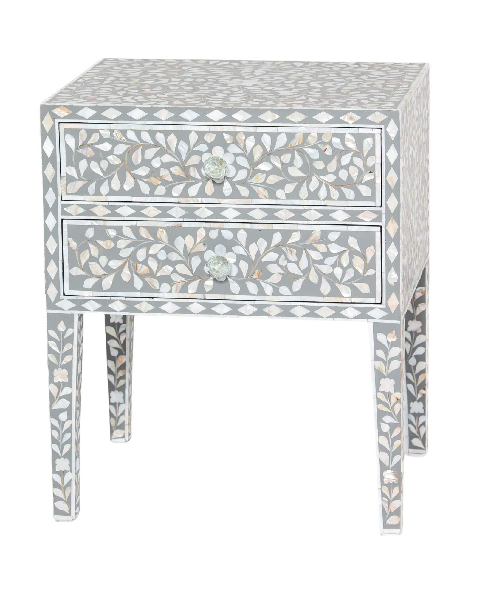 Handcrafted grey Mother of Pearl inlay side drawer by Tabeer Homes, made from mango wood with floral detailing and artisan craftsmanship.