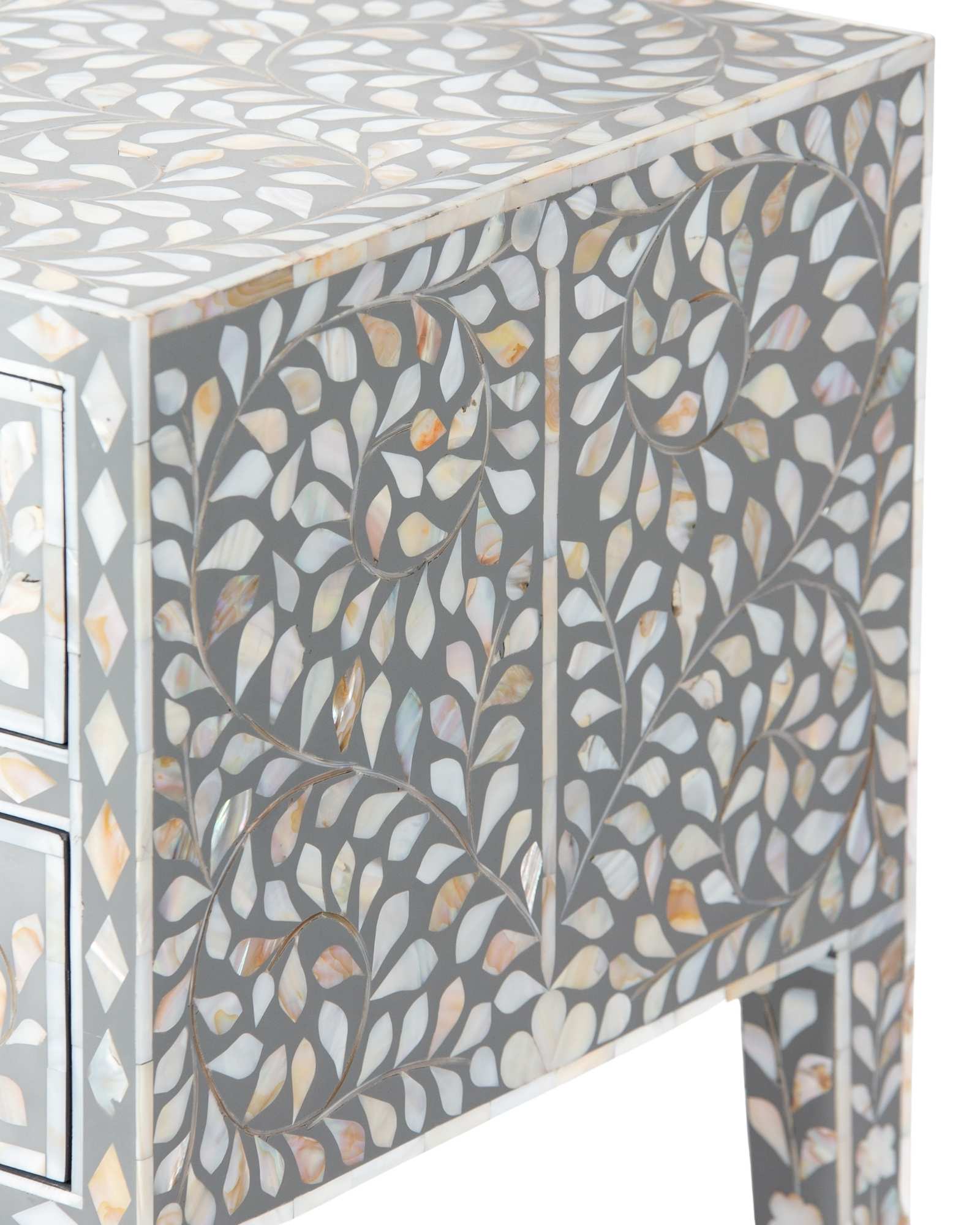 Handcrafted grey Mother of Pearl inlay side drawer by Tabeer Homes, made from mango wood with floral detailing and artisan craftsmanship.