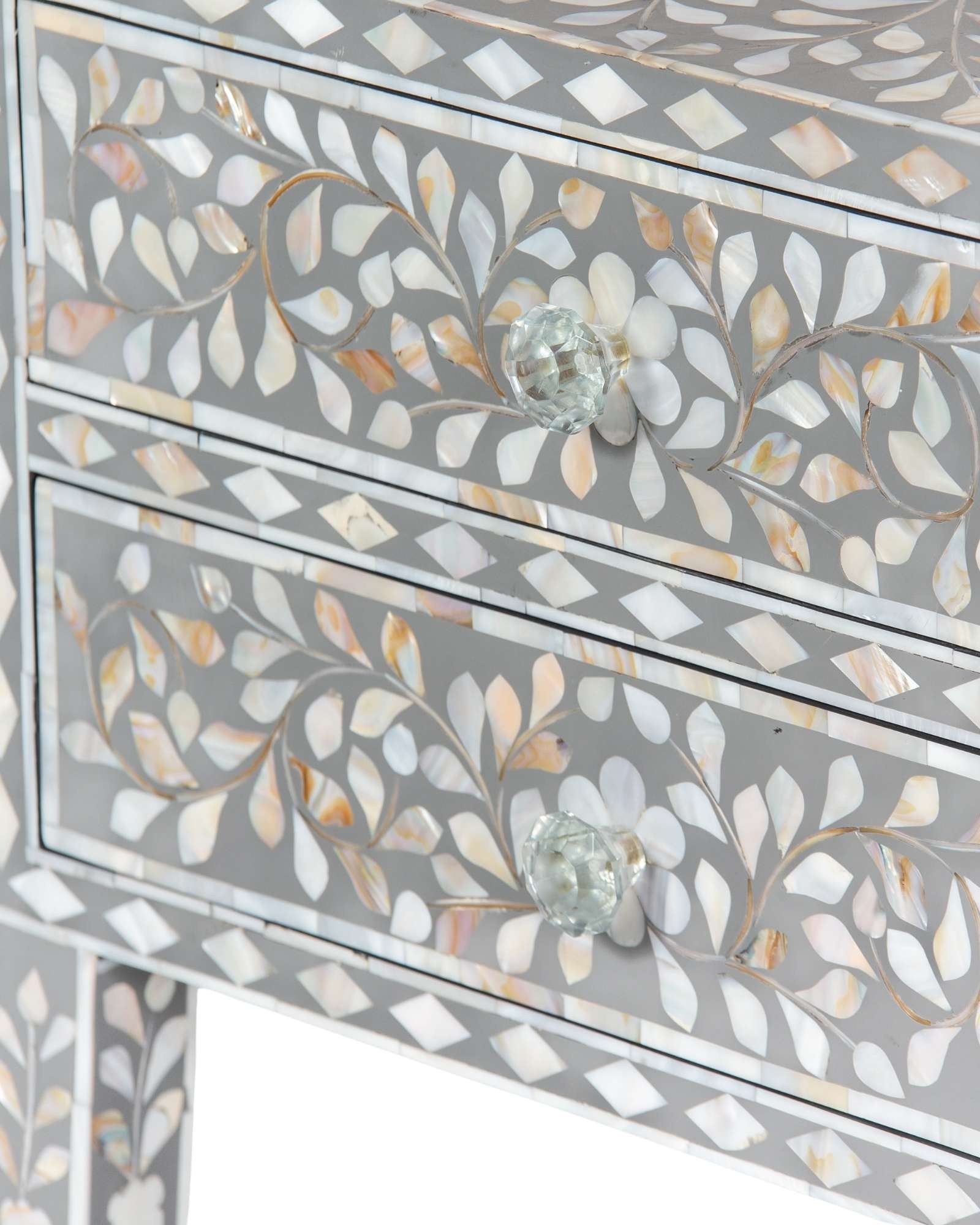 Handcrafted grey Mother of Pearl inlay side drawer by Tabeer Homes, made from mango wood with floral detailing and artisan craftsmanship.