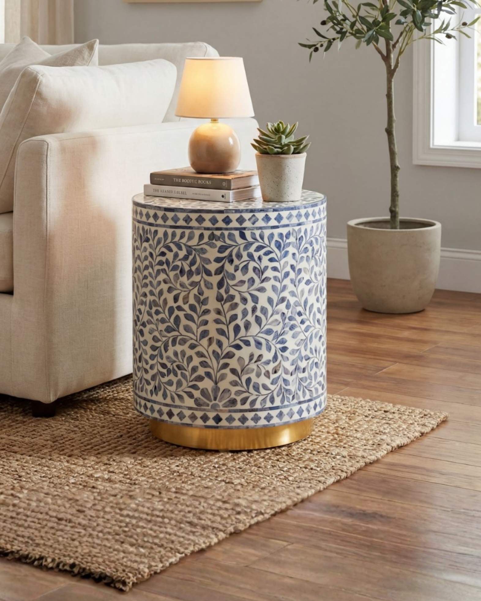 Handcrafted Jade side table featuring intricate blue bone inlay with a cylindrical silhouette and refined artisanal detailing.