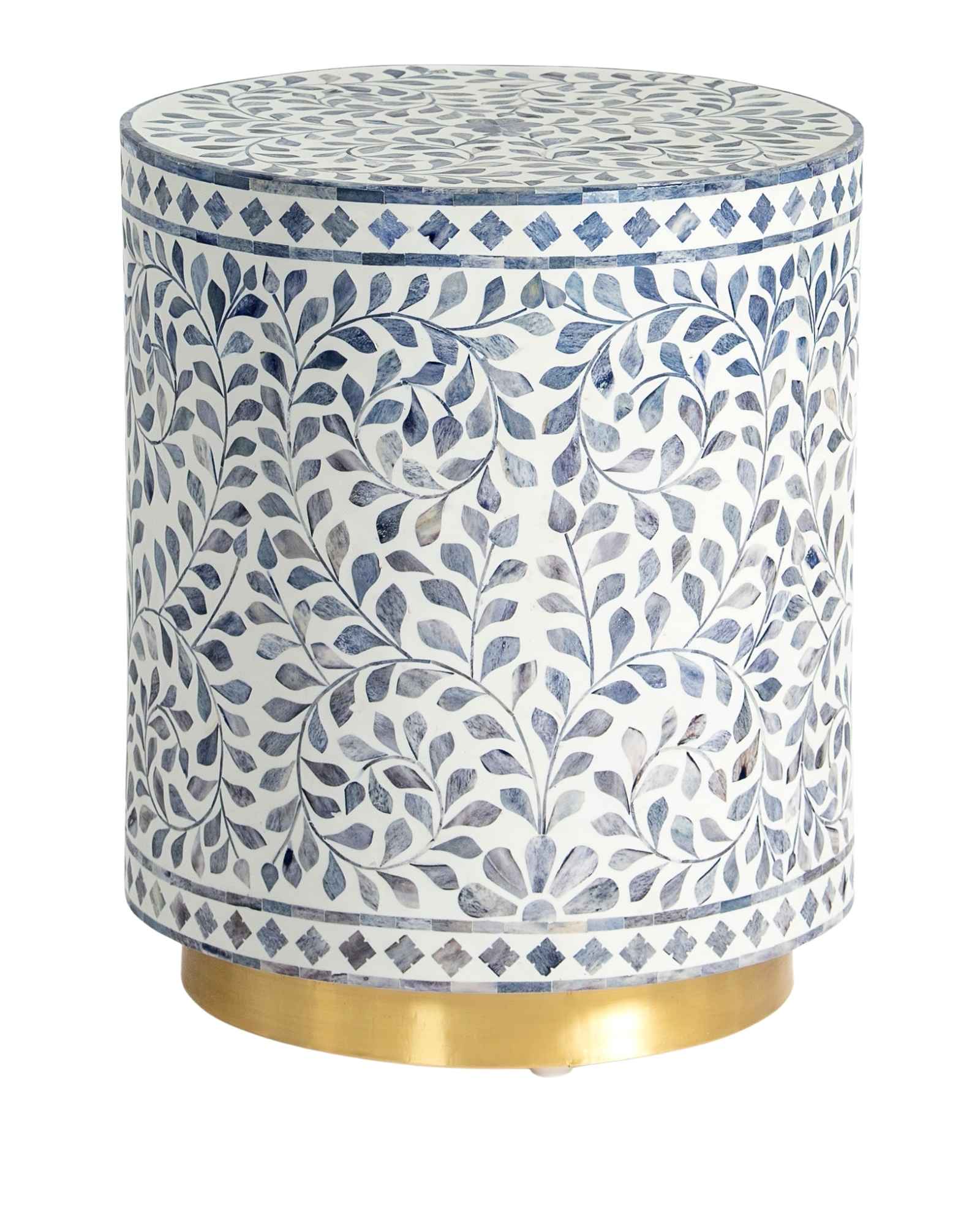 Handcrafted Jade side table featuring intricate blue bone inlay with a cylindrical silhouette and refined artisanal detailing.
