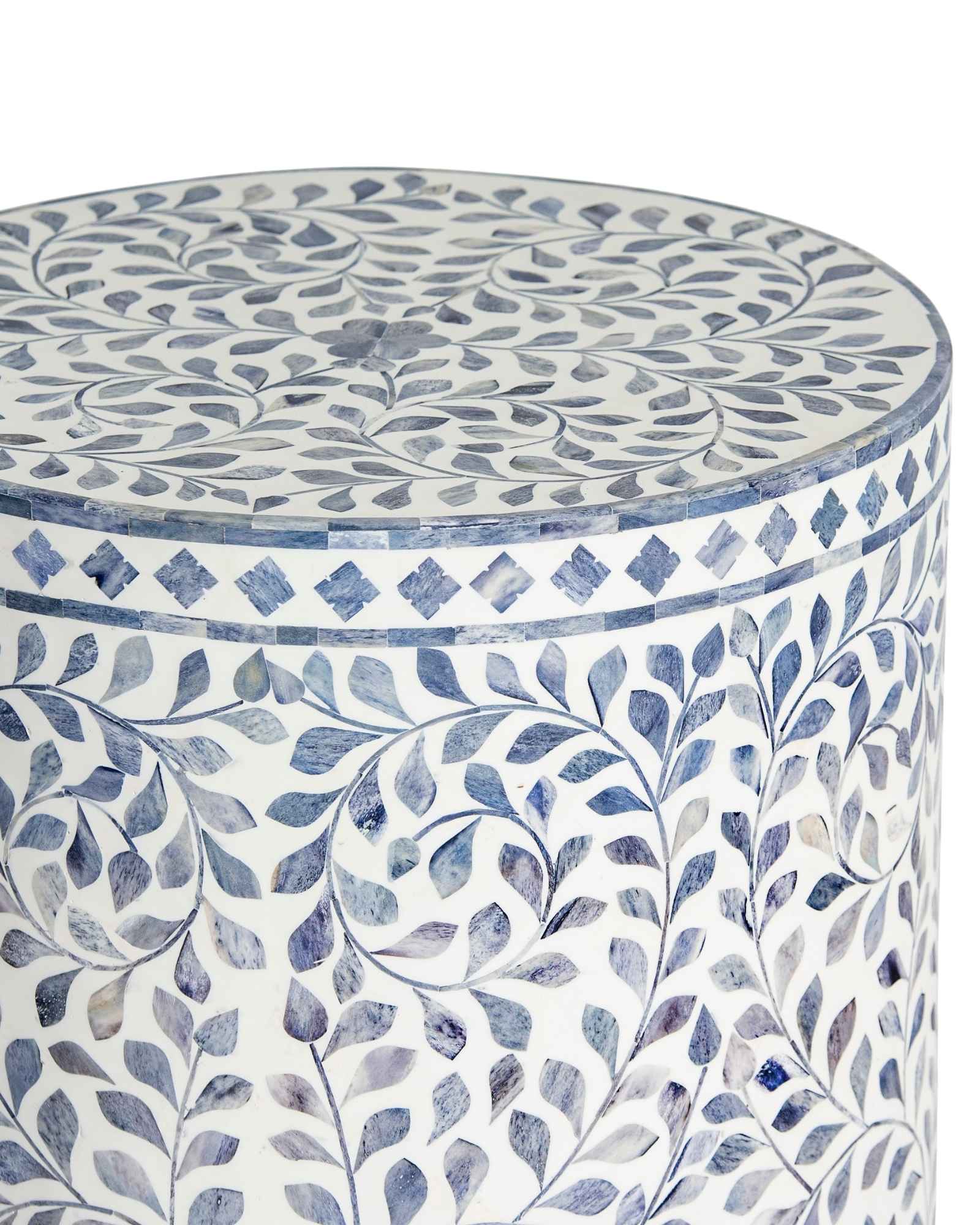 Handcrafted Jade side table featuring intricate blue bone inlay with a cylindrical silhouette and refined artisanal detailing.