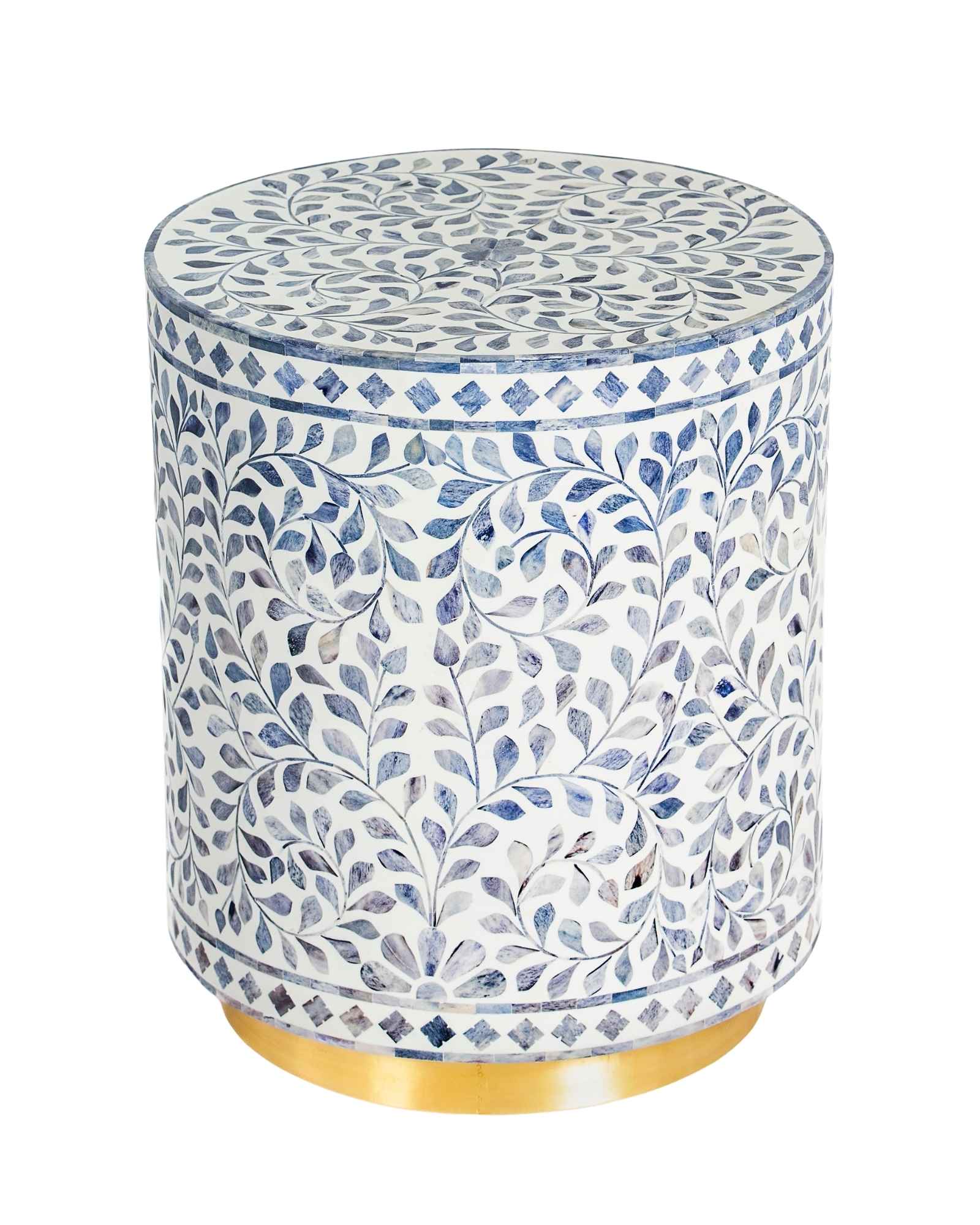 Handcrafted Jade side table featuring intricate blue bone inlay with a cylindrical silhouette and refined artisanal detailing.