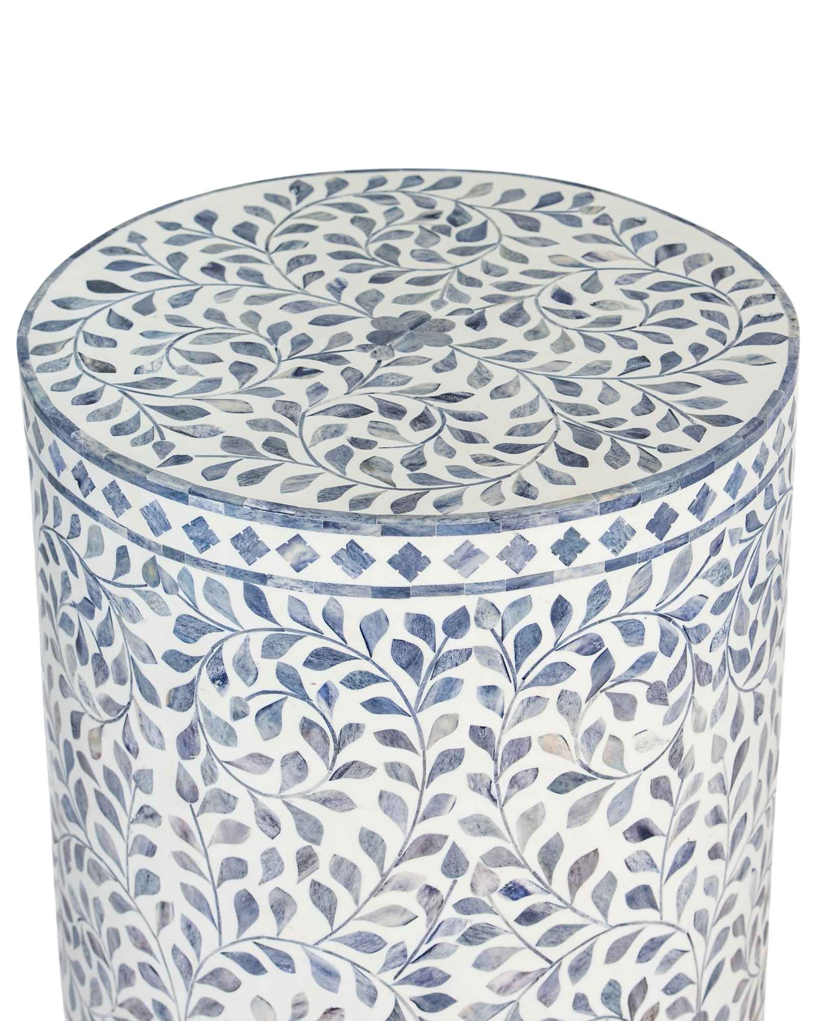 Handcrafted Jade side table featuring intricate blue bone inlay with a cylindrical silhouette and refined artisanal detailing.