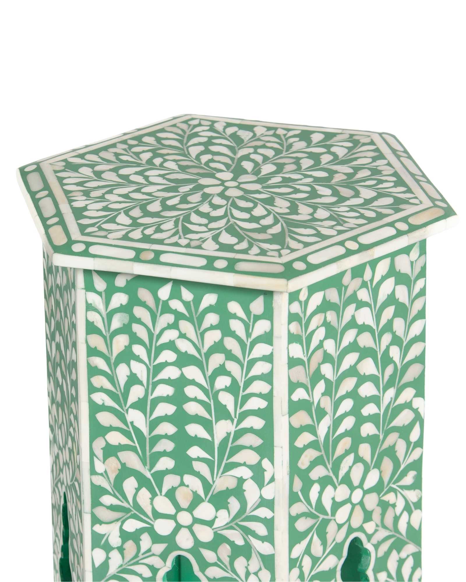 Handcrafted Jade side table featuring green bone inlay with a hexagonal silhouette, floral detailing, and arched legs.
