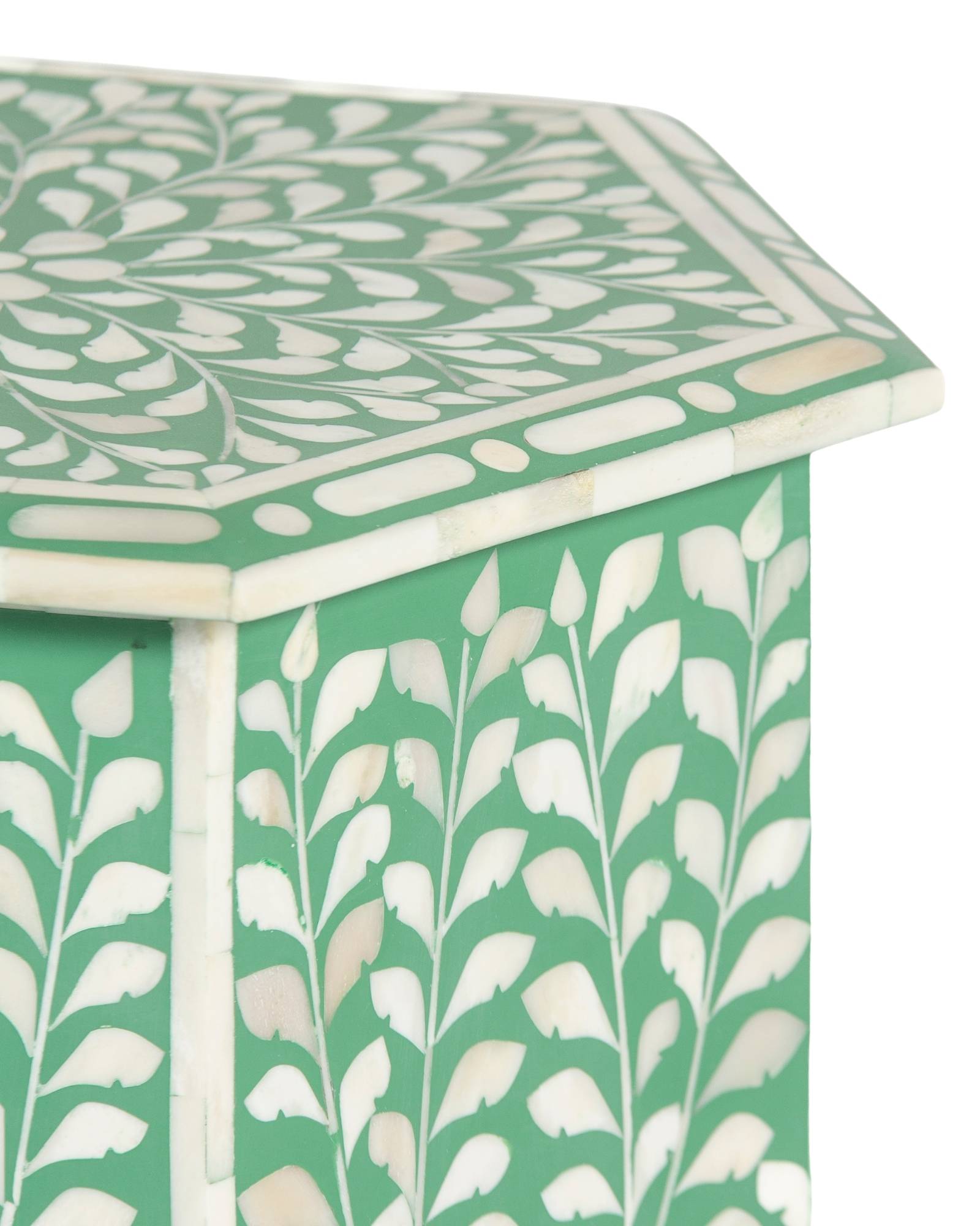 Handcrafted Jade side table featuring green bone inlay with a hexagonal silhouette, floral detailing, and arched legs.