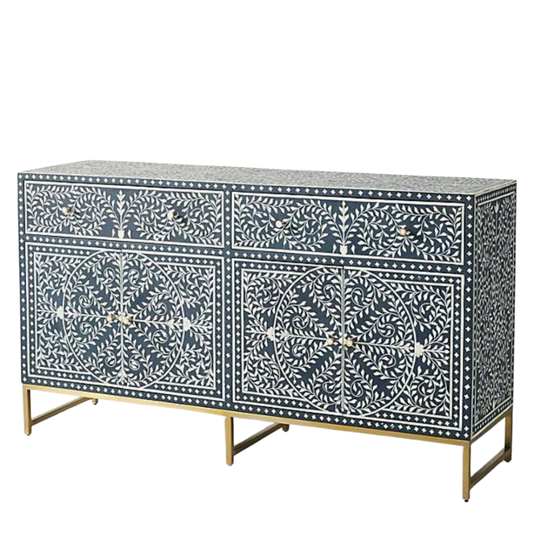 Handcrafted Navy Blue Bone Inlay Sideboard with intricate Bone Inlay, featuring floral pattern and sleek metal legs. A luxurious storage solution for any space.