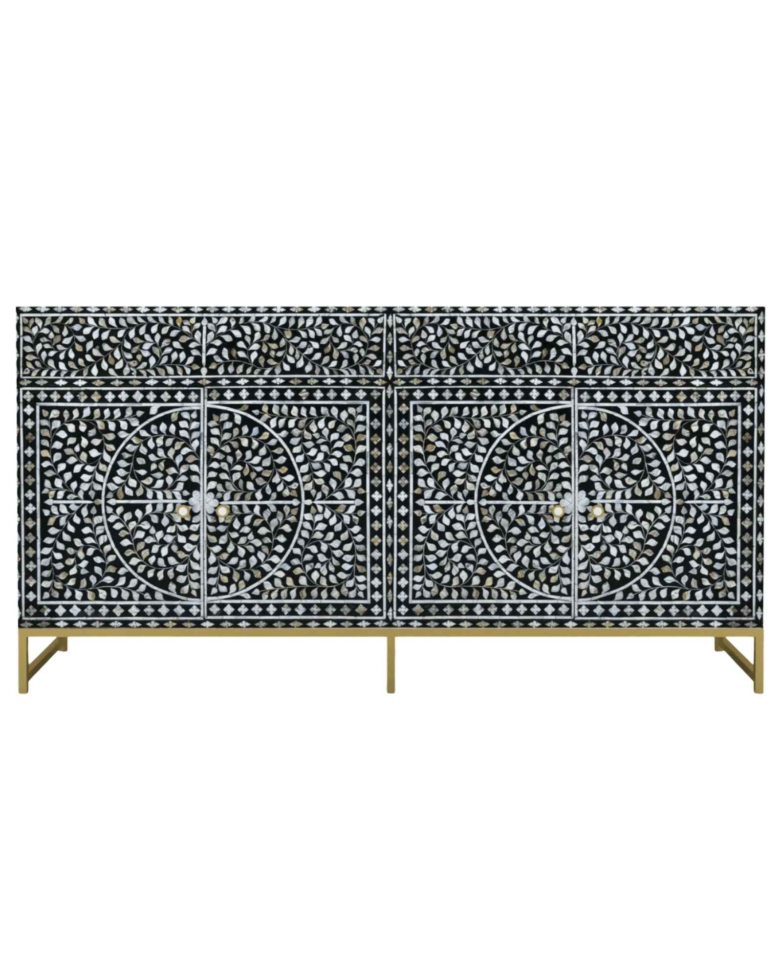 Handcrafted Black & White Sideboard Cabinet with intricate Mother of Pearl inlay, featuring a floral pattern and sleek Metal legs. A luxurious storage solution for any space.
